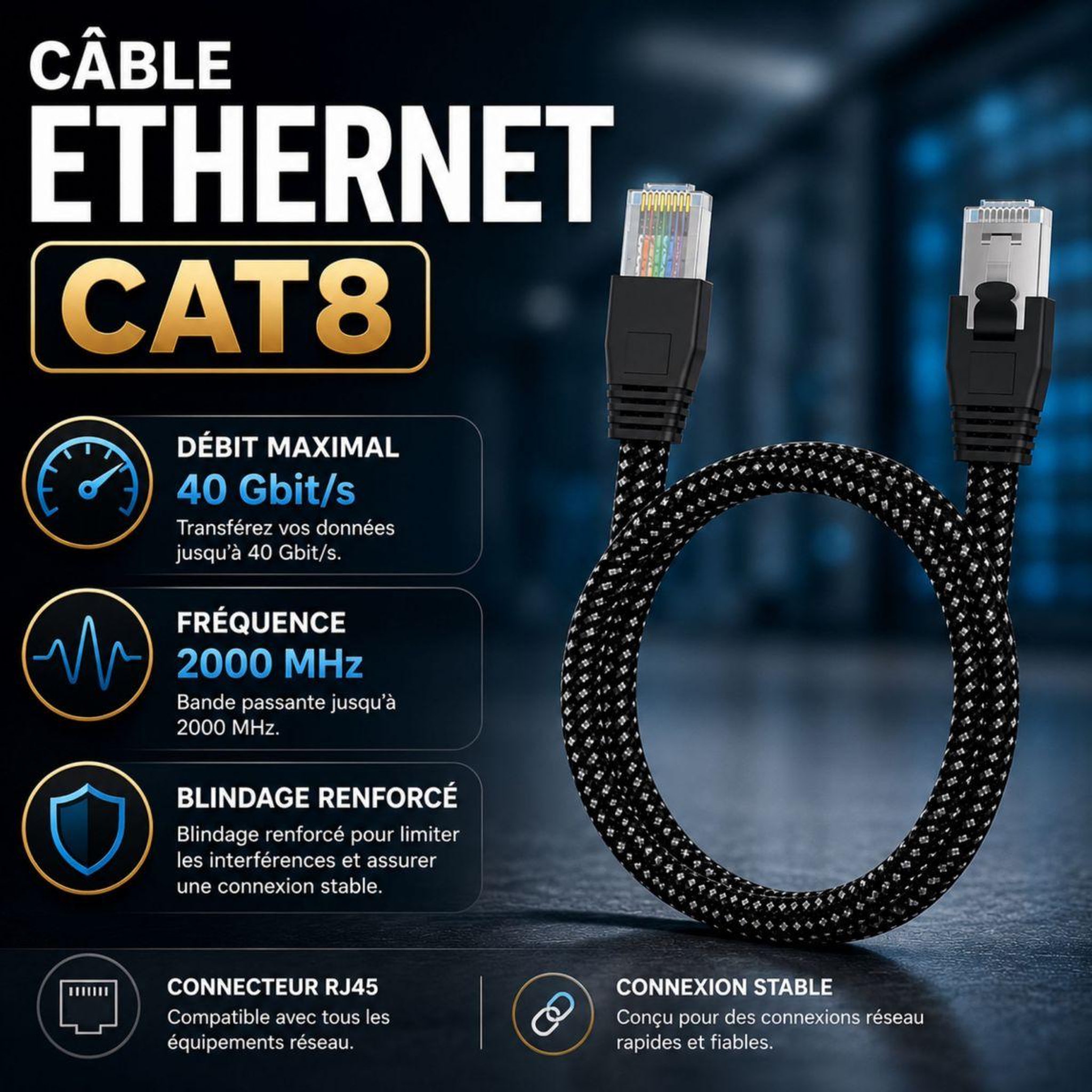 Voir la diapositive 3 : ADEQWAT Câble ethernet rj45 3m droit cat8 noir