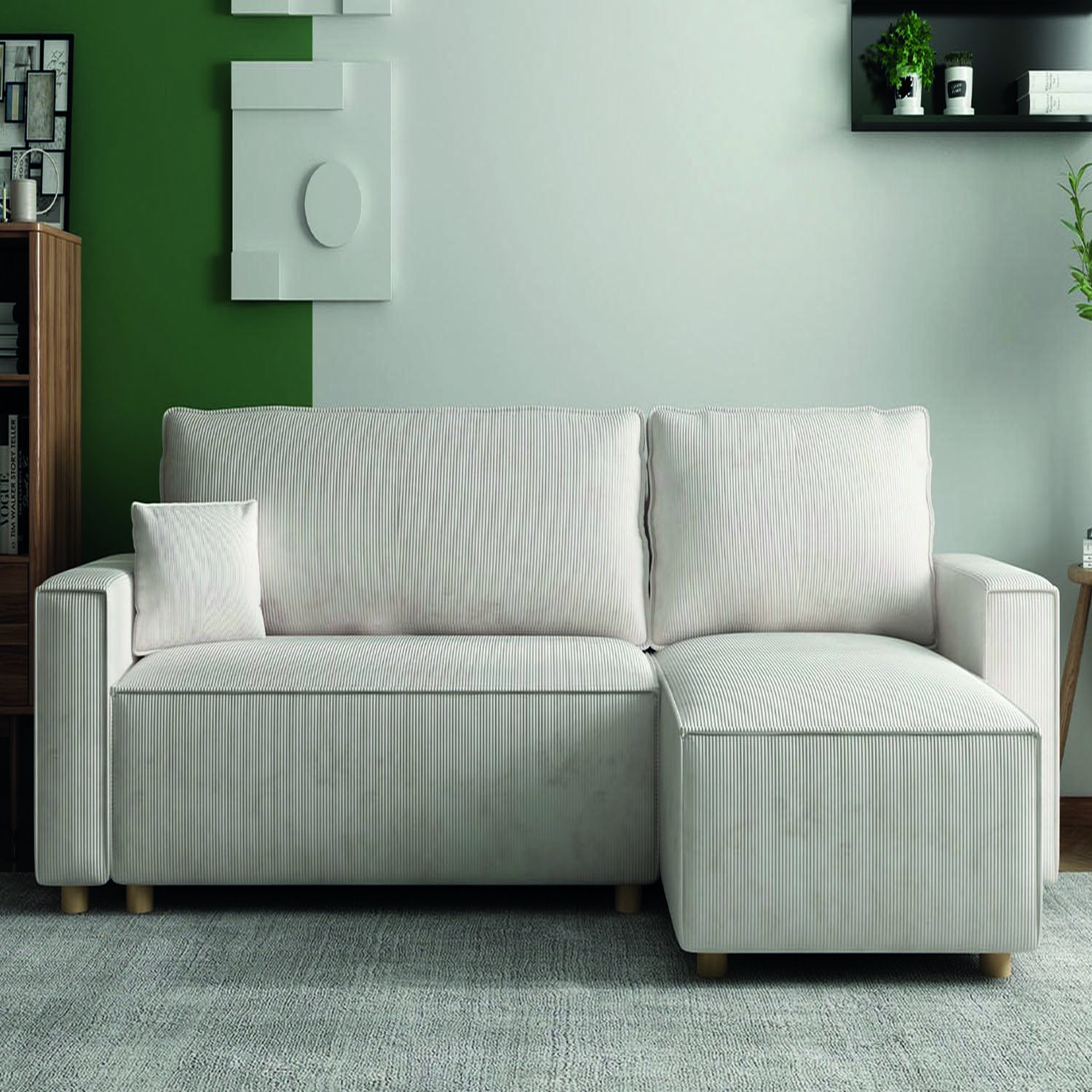 Voir la diapositive 2 : CONCEPT USINE Canapé convertible d'angle réversible 4 places velours côtelé beige cosy