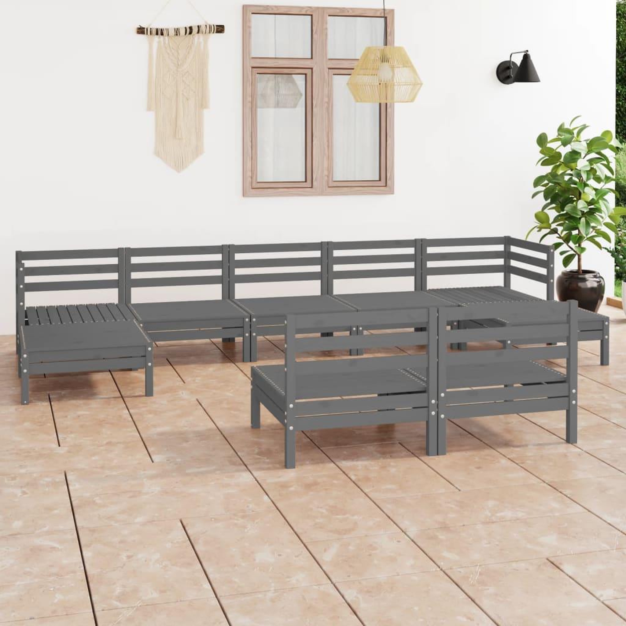 Voir la diapositive 1 : VIDAXL Salon de jardin 9 pcs Gris Bois de pin massif