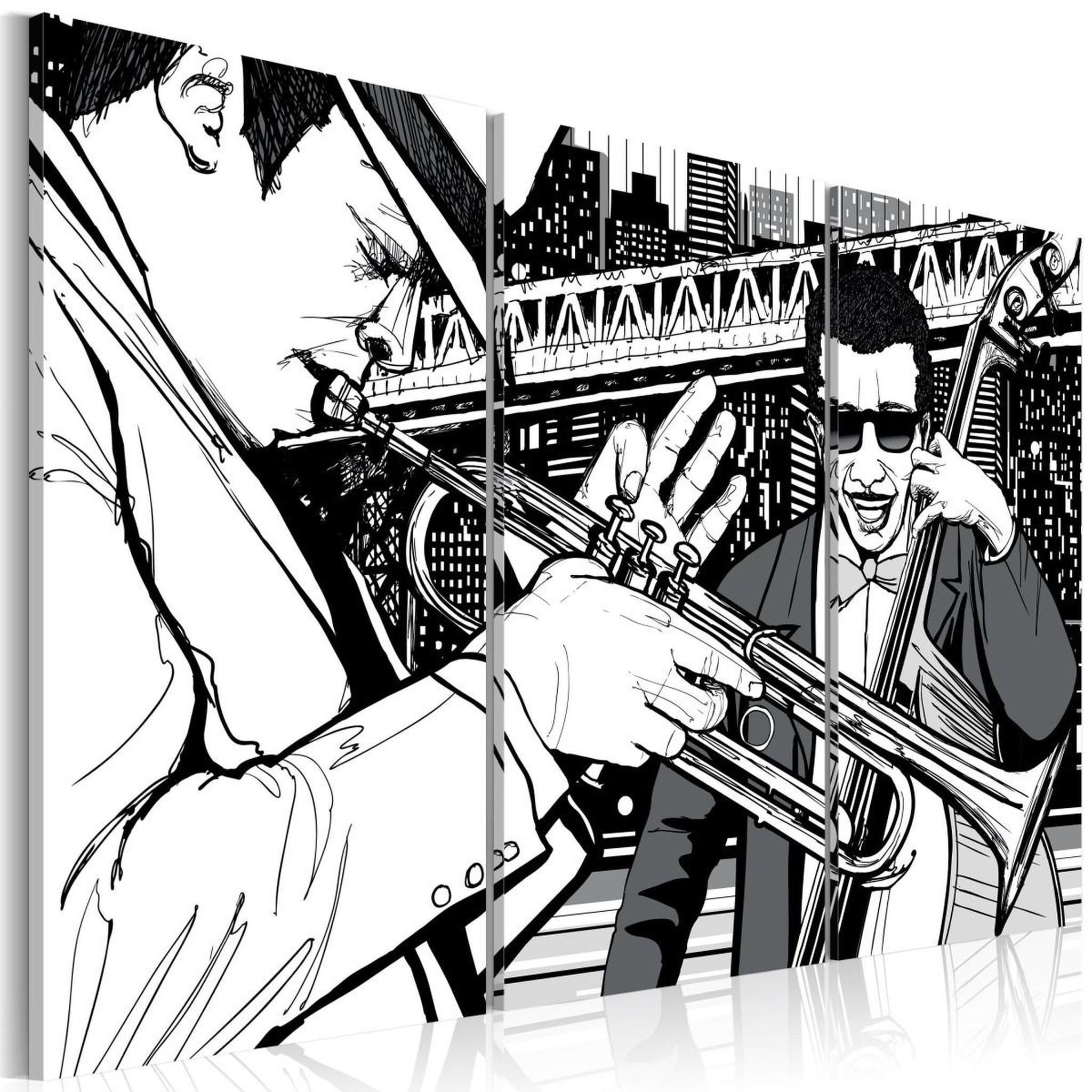 Paris Prix Tableau  concert de jazz sur fond de grattes-ciel de new york. Coloris disponibles : Multicolore