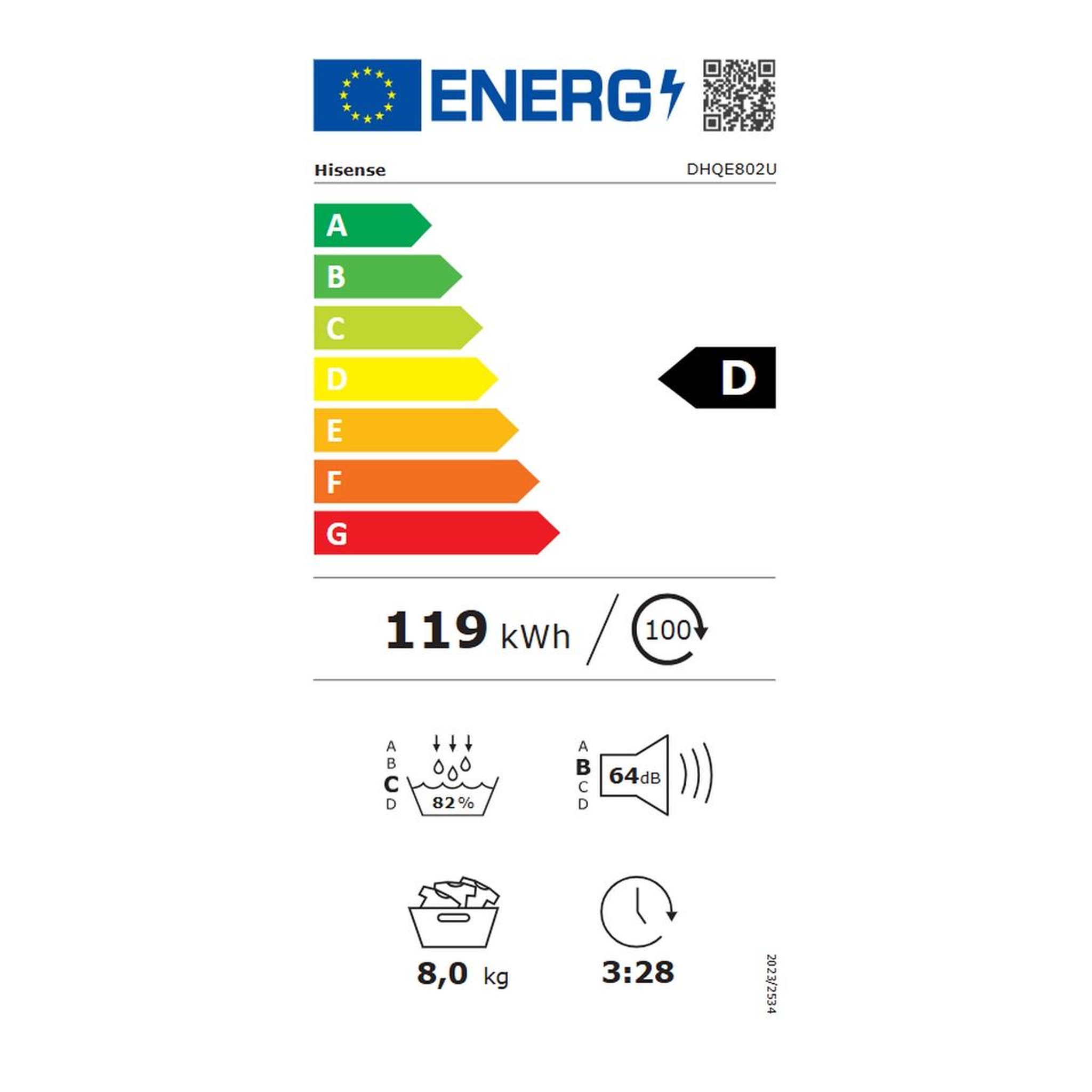 Voir la diapositive 2 : Hisense Sèche-linge pompe à chaleur 60cm 8kg - dhqe802u