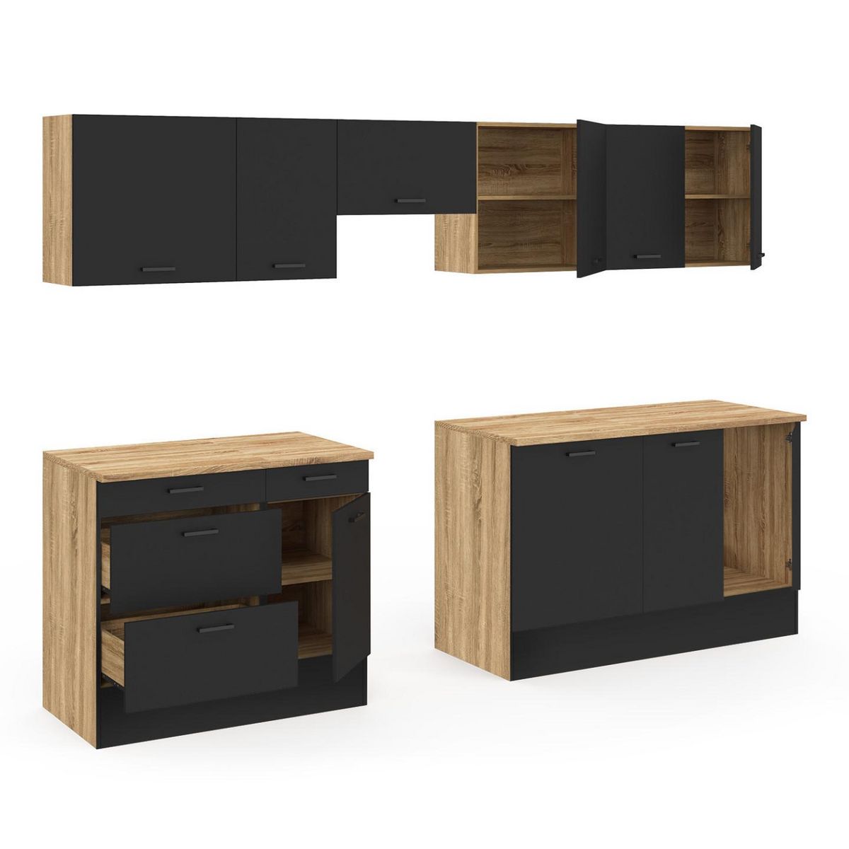 ID MARKET Cuisine complète casserolier 300 cm SUBTIL avec plan de travail 9 éléments bois et noir