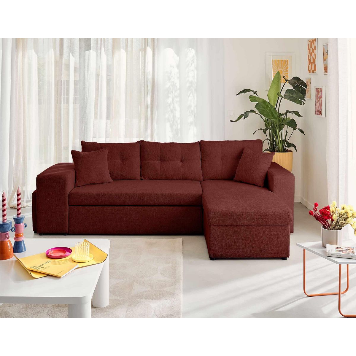 BEST MOBILIER California - canapé d'angle réversible 4 places - convertible avec coffre, étagère et poufs - en velours texturé