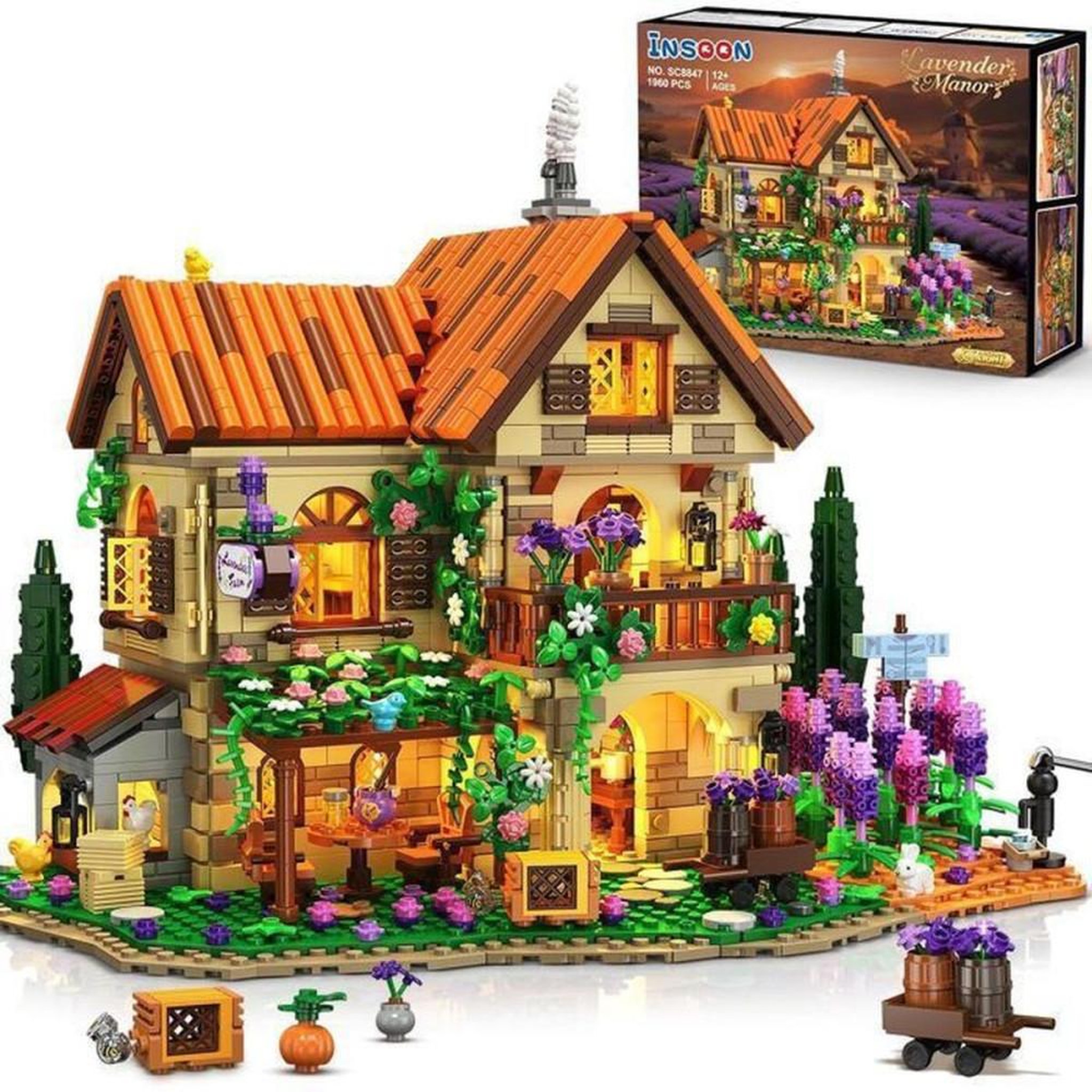 Coffret maison romantique violet Lavande Manor INSOON à 2 LED, 1960 pièces, modèle traditionnel en ABS, 3 étages, convient dès 12 ans
