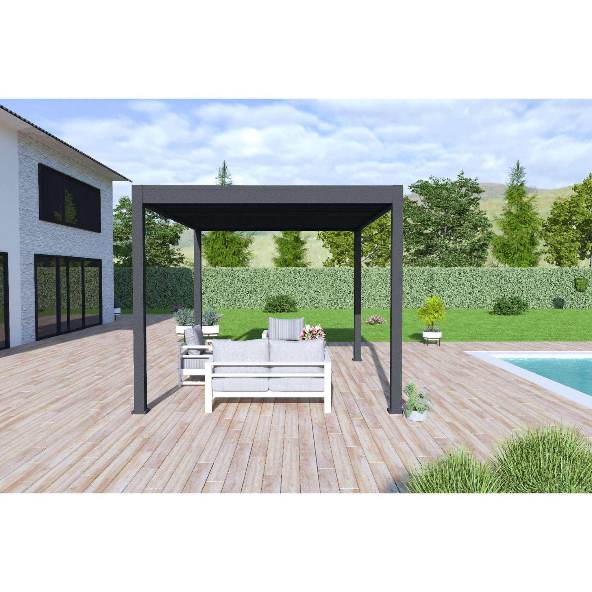 Voir la diapositive 7 : OMBREA Pergola Bioclimatique autoportée 3X4 m - Aluminium - Anthracite - VS OMBREA®