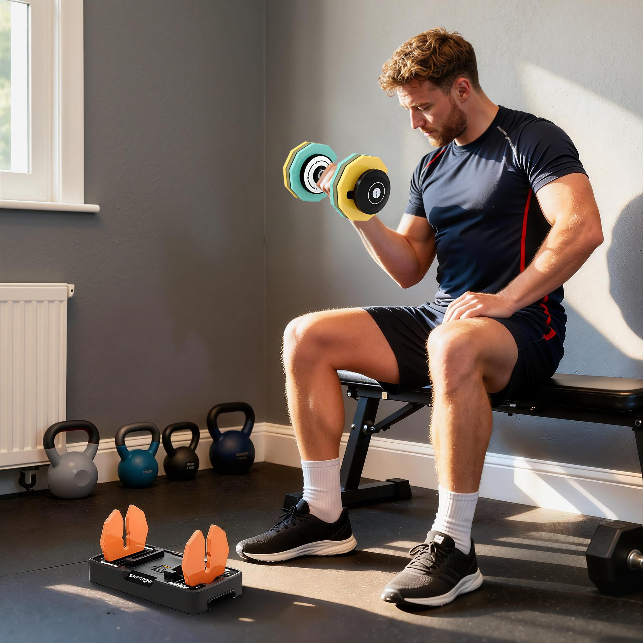 Voir la diapositive 6 : HOMCOM Haltère réglable 5kg min. 25kg max. Socle rangement inclus multicolore
