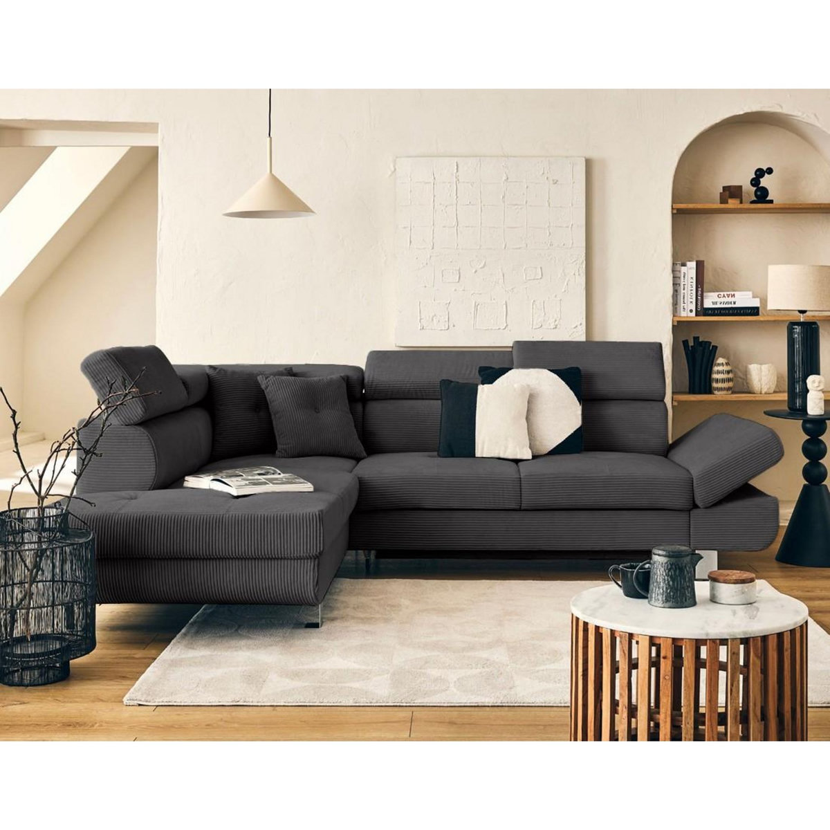 BEST MOBILIER Lisbona - canapé d'angle gauche 5 places convertible avec têtières en velours côtelé