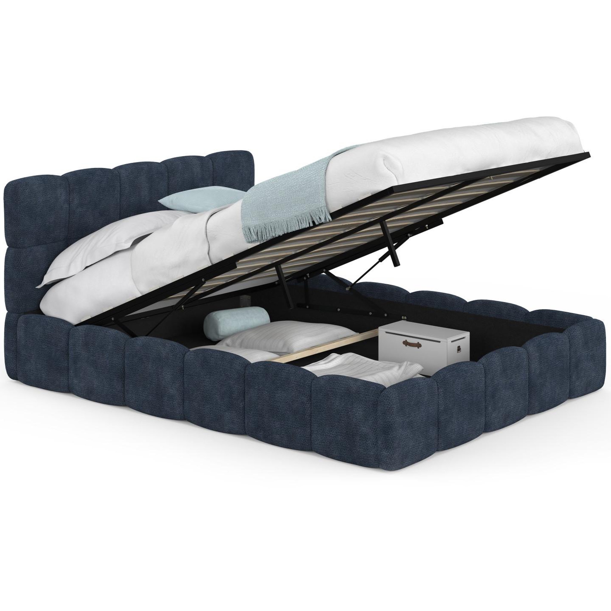 ID MARKET Lit coffre double nuage avec tête de lit matelassée et sommier 140 x 190 cm en tissu effet chenille bleu