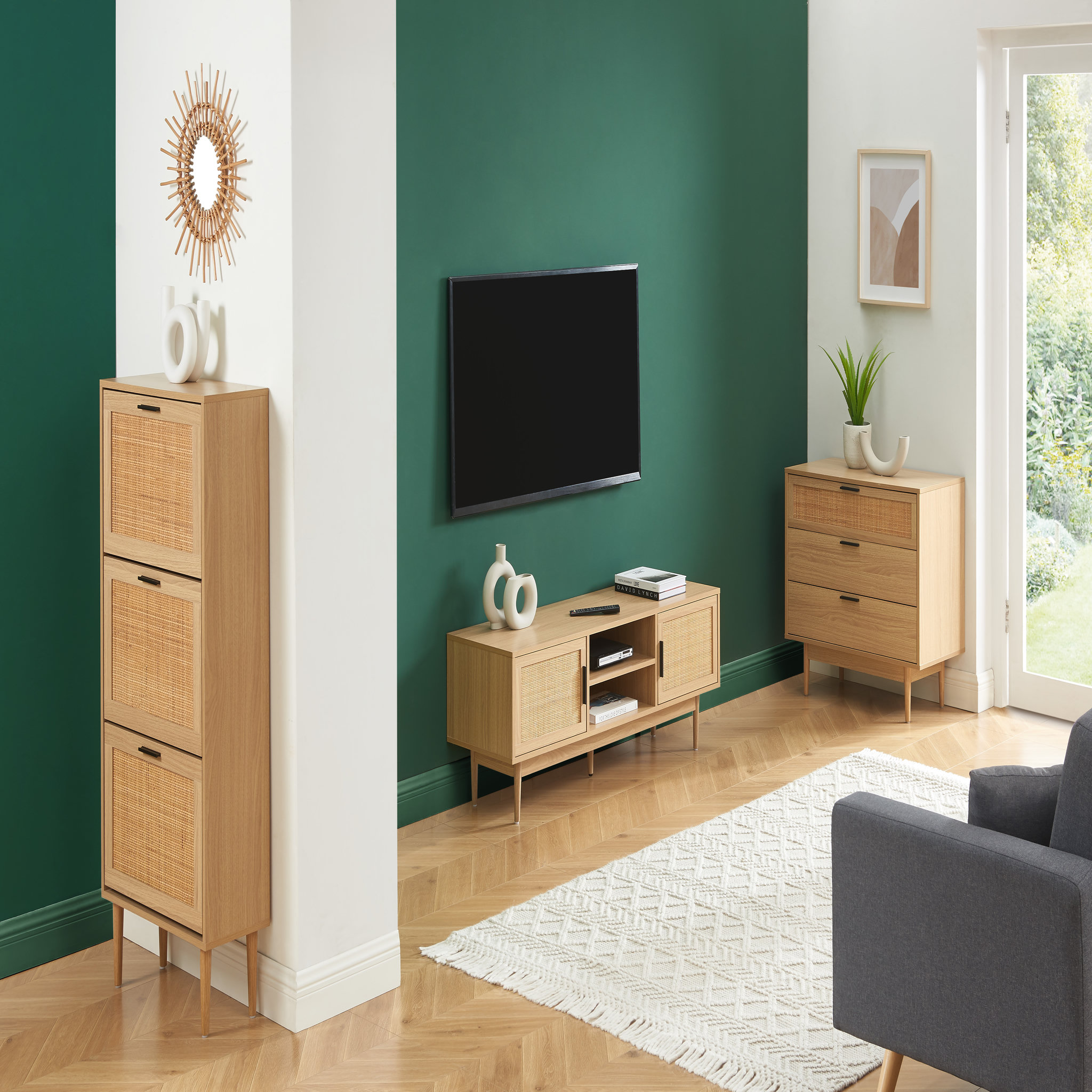 Voir la diapositive 9 : Meuble À Chaussures Cannage Et Décor Bois 3 Portes - L60 cm AMANDINE