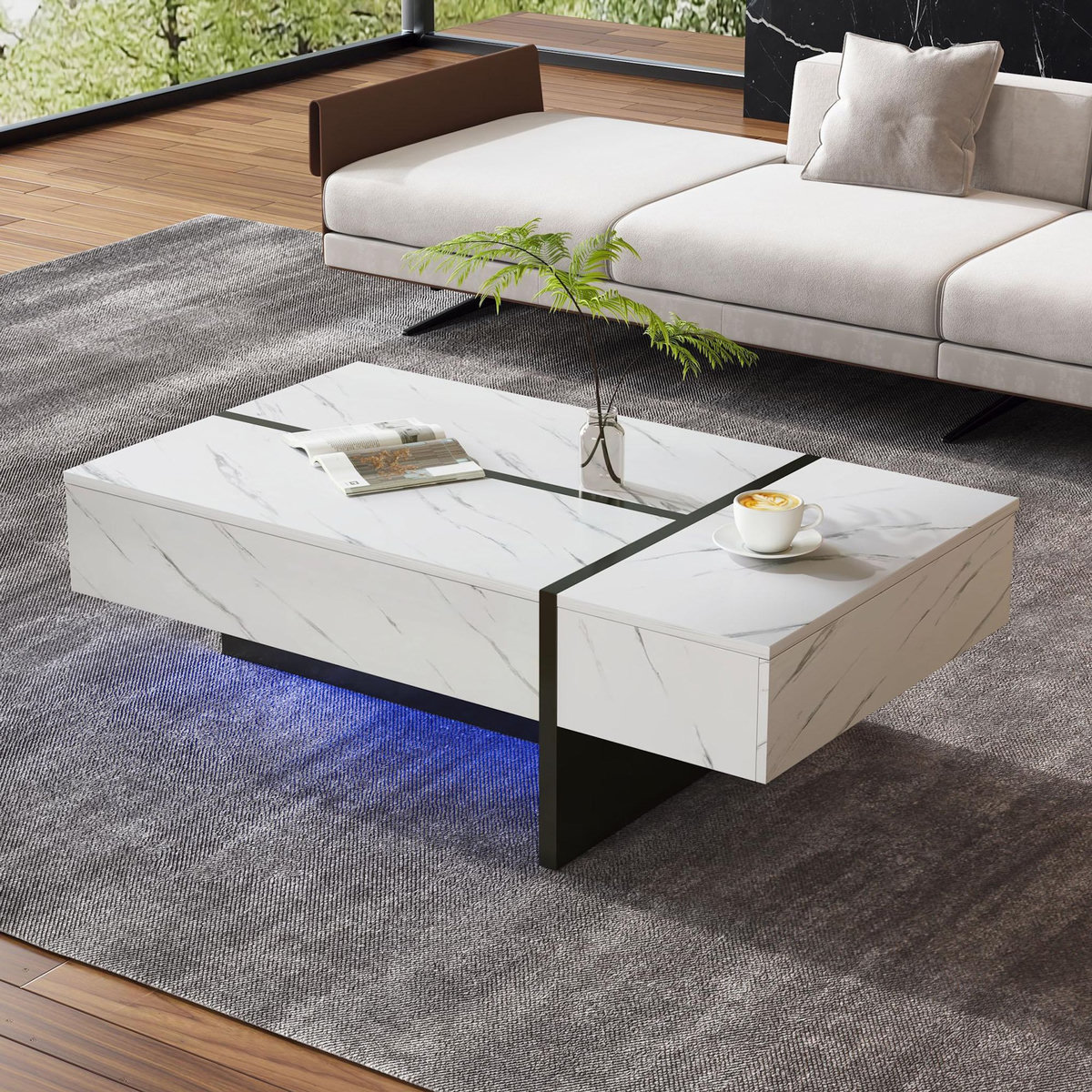 MERAX Table basse rectangulaire blanc avec 3 tiroirs - 60x105 cm led panneau de particules