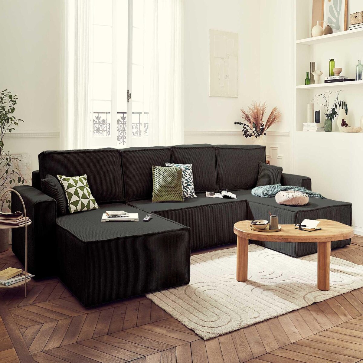 BEST MOBILIER Dellia - canapé panoramique en u - 7 places - convertible - avec coffre - en velours côtelé