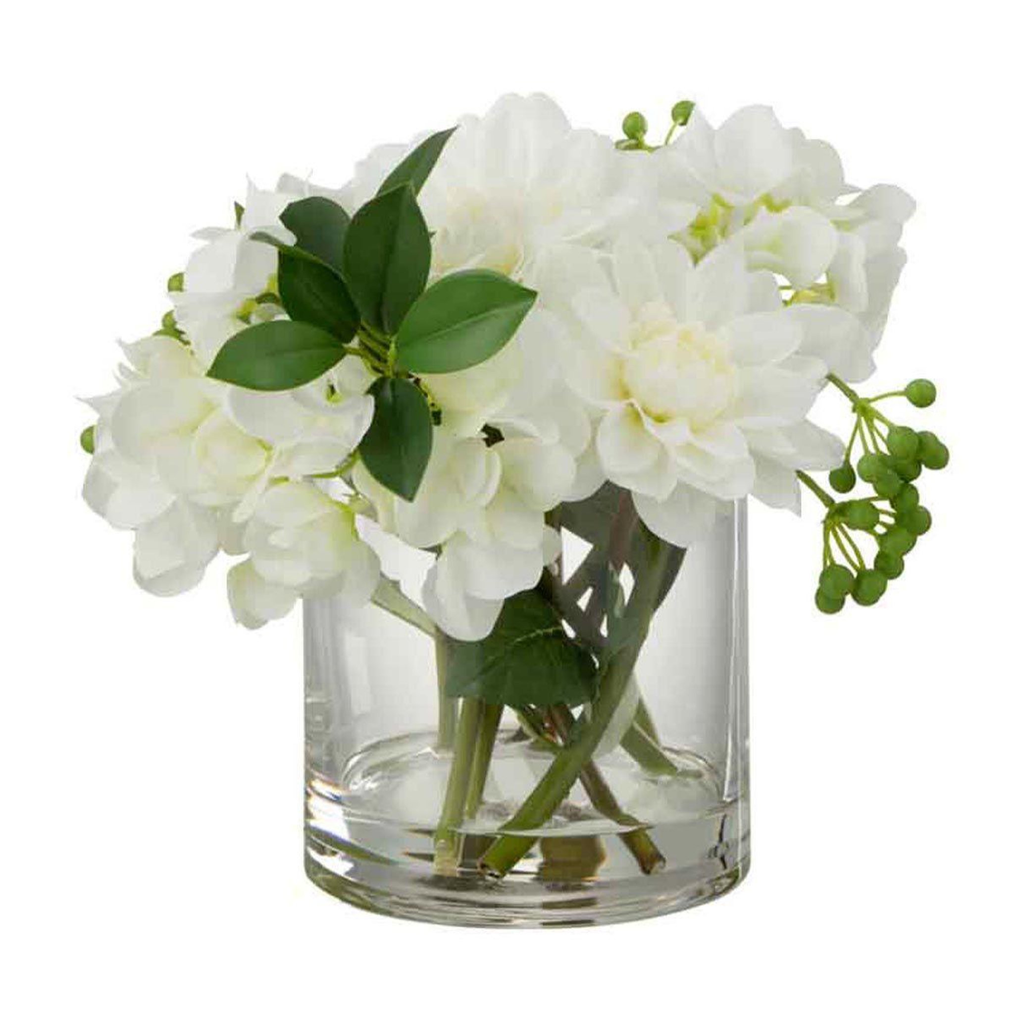 J-LINE Plante artificielle & vase  dahlia hydrangea  21cm blanc