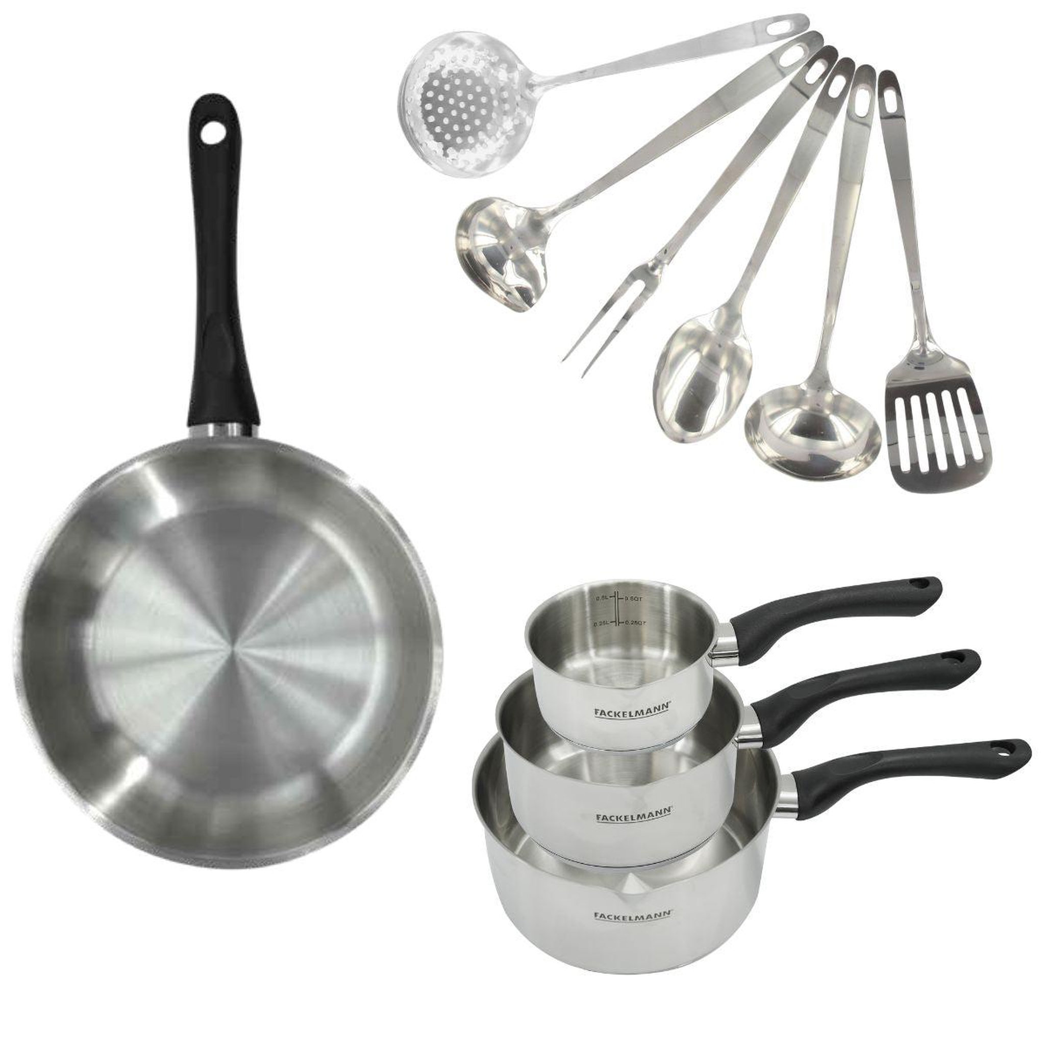 Fackelmann Set 1 poêle 28 cm, 3 casseroles en inox et 6 ustensiles inox fackelmann geneva