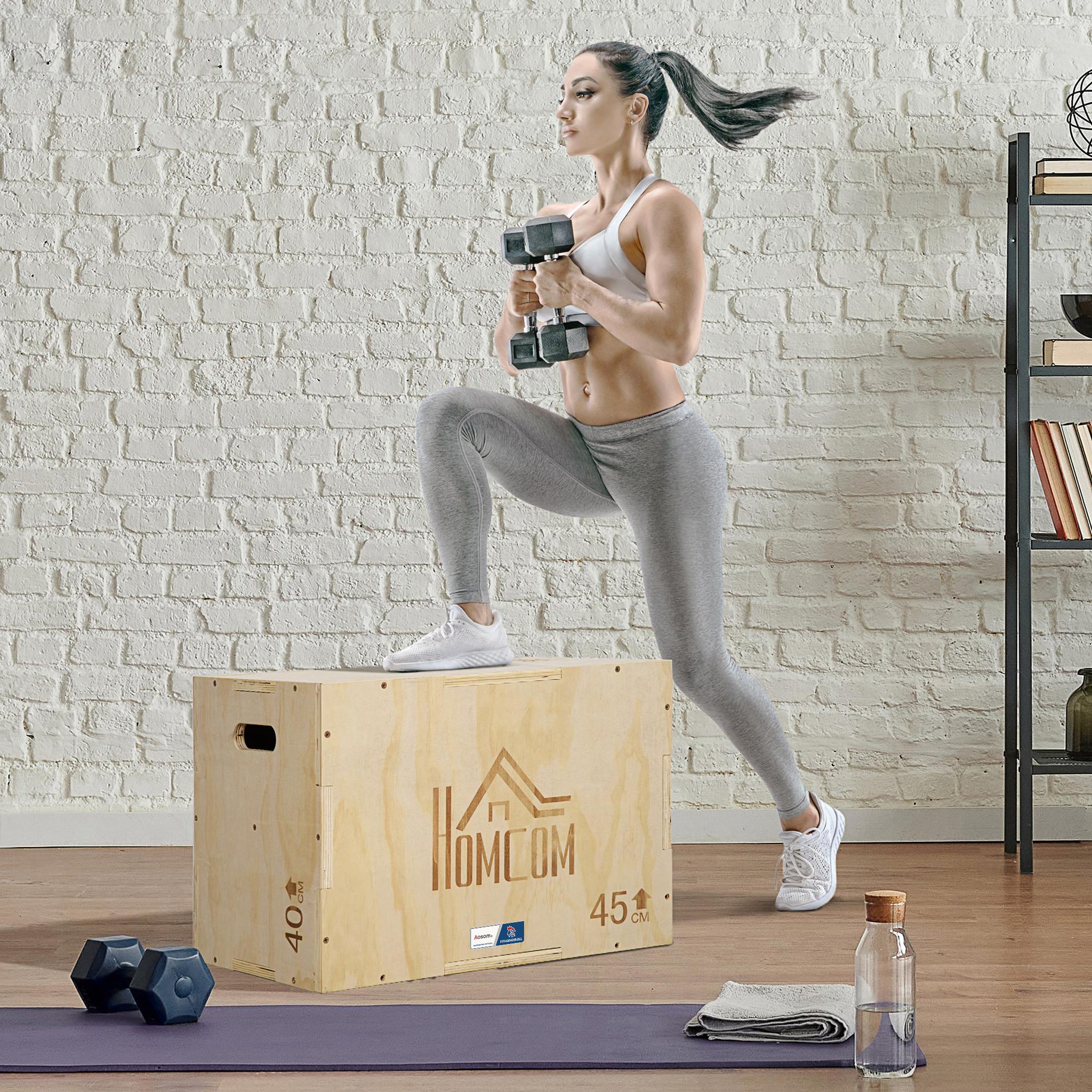 Voir la diapositive 2 : HOMCOM Box jump - box de pliométrie - collaboration Aosom.fr x FFHandball - 40/45/60H cm - max. 120 Kg - bois