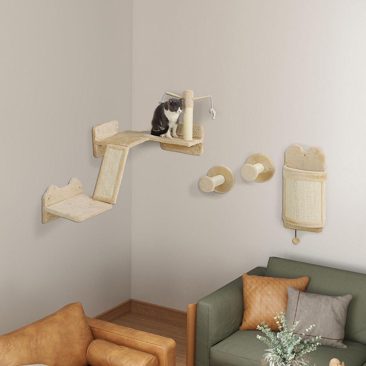 PAWHUT Mur d'escalade pour chat - arbre à chat design mural - griffoirs, grattoirs, jeux - sisal naturel peluche beige