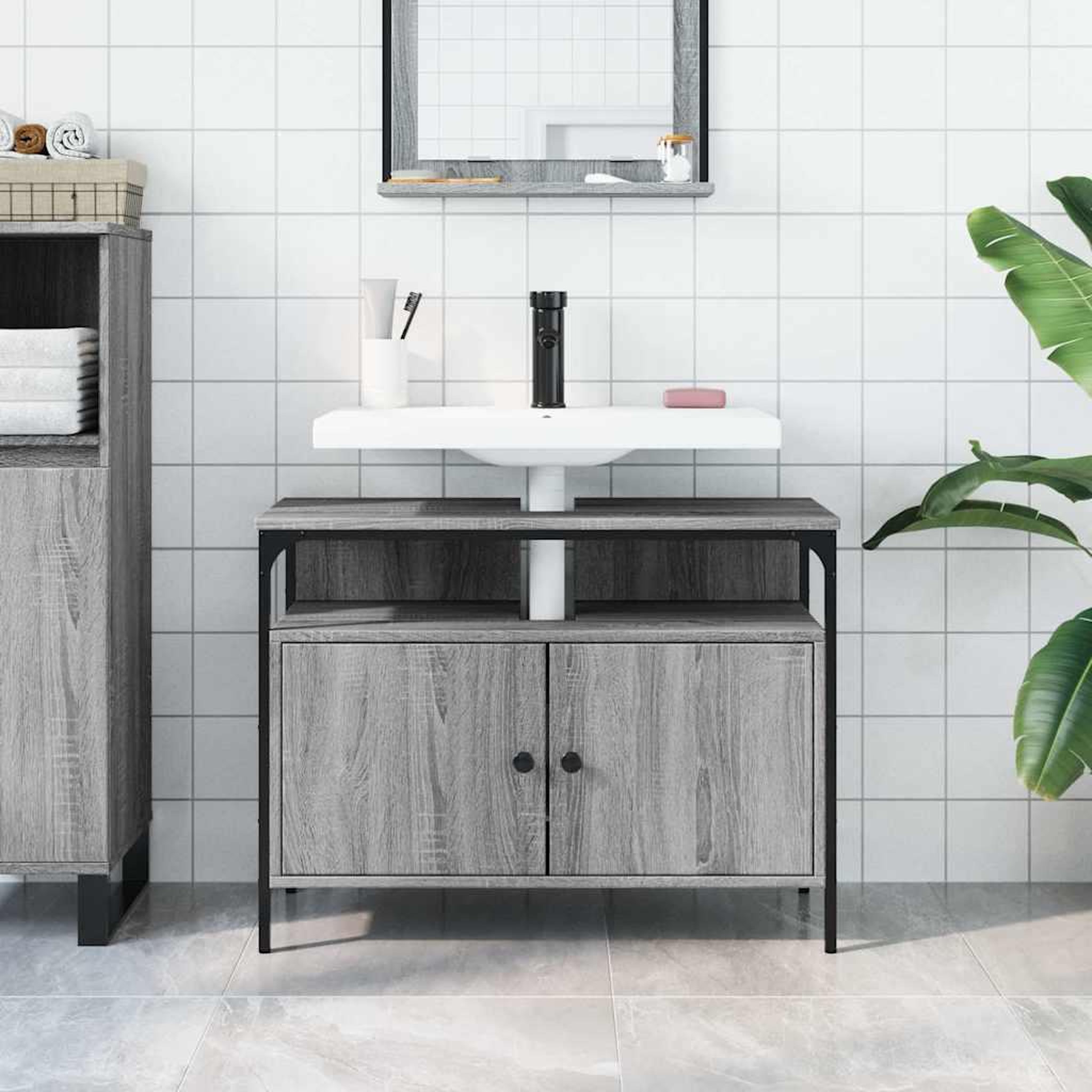 Voir la diapositive 3 : VIDAXL Armoire lavabo de salle de bain sonoma gris 80x30x60 cm