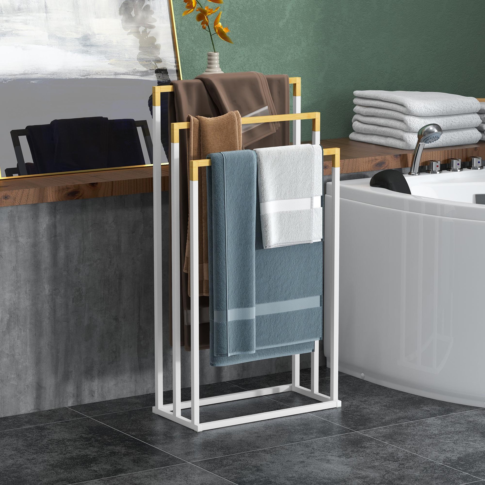 Voir la diapositive 4 : KLEANKIN Porte-serviette autoportant 3 barres - dim. 45l x 22l x 86h cm - bois bambou acier blanc