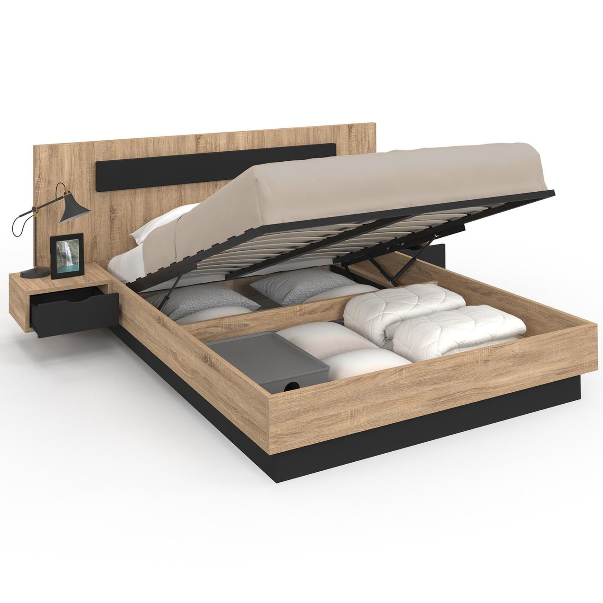 ID MARKET Lit coffre double santa avec tête de lit + tables de chevets intégrées et sommier 140 x 190 cm bois et noir