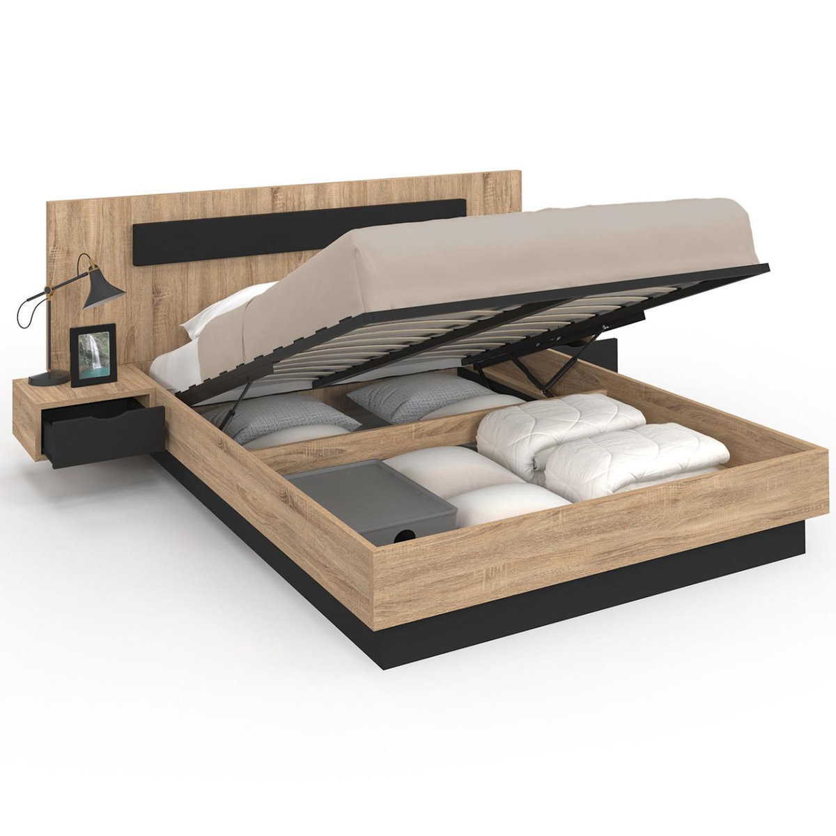 ID MARKET Lit coffre double SANTA avec tête de lit + tables de chevets intégrées et sommier 140 x 190 cm bois et noir