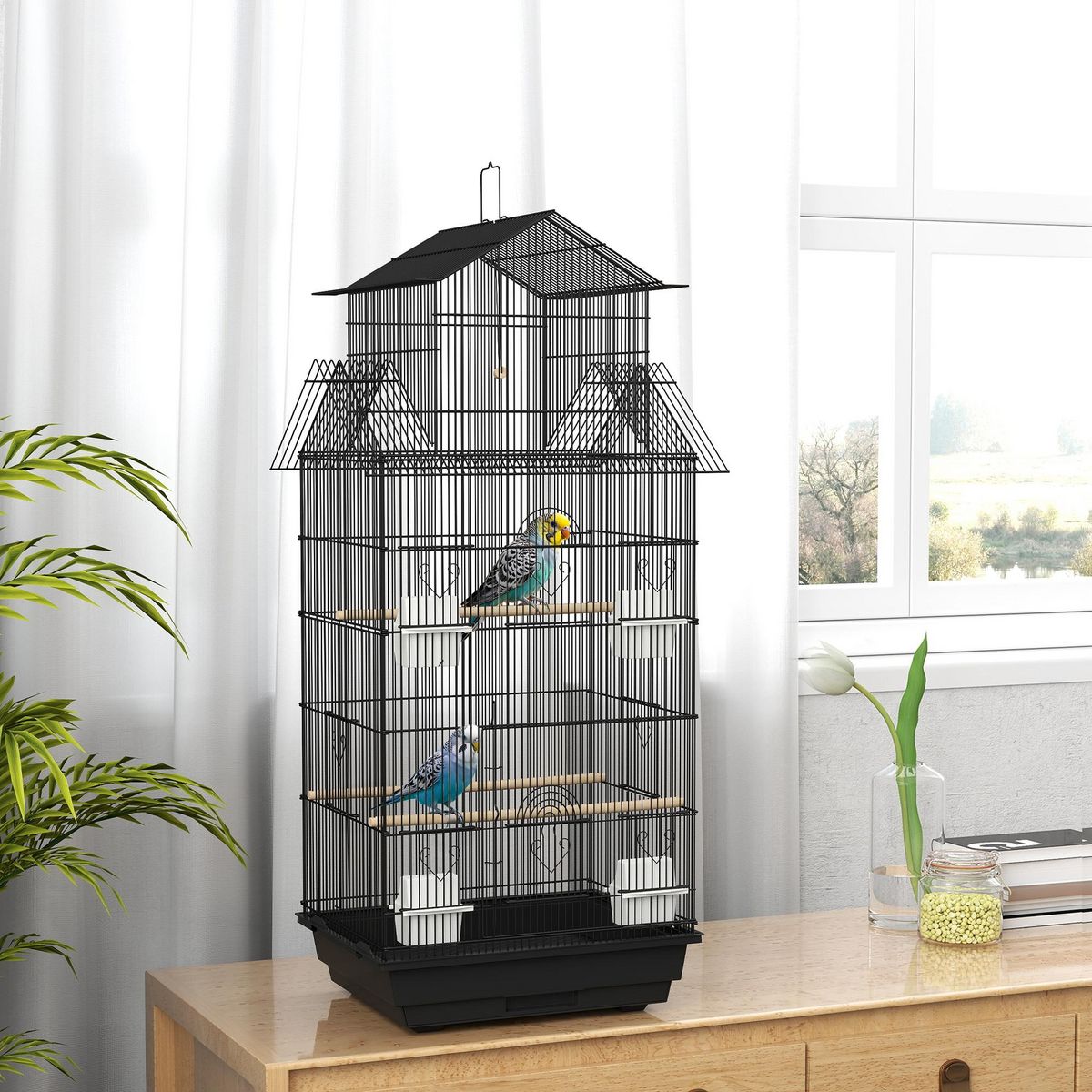 PAWHUT Cage à oiseaux design maison mangeoires perchoirs balançoire grande porte 8 trappes plateau déjection