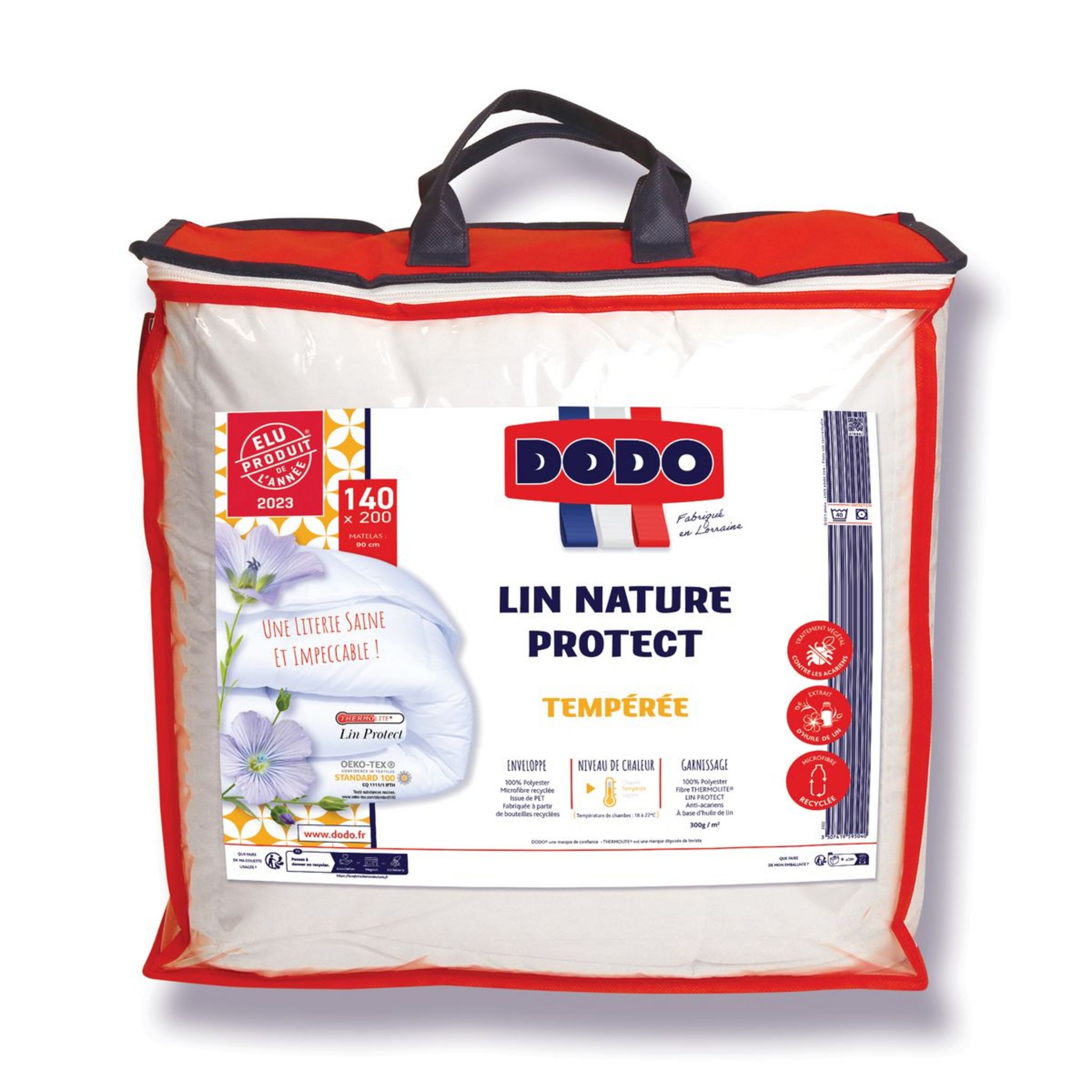 DODO Couette tempérée en polyester anti acariens a base d'huile de lin 300g/m² LIN NATURE PROTECT. Coloris disponibles : Blanc
