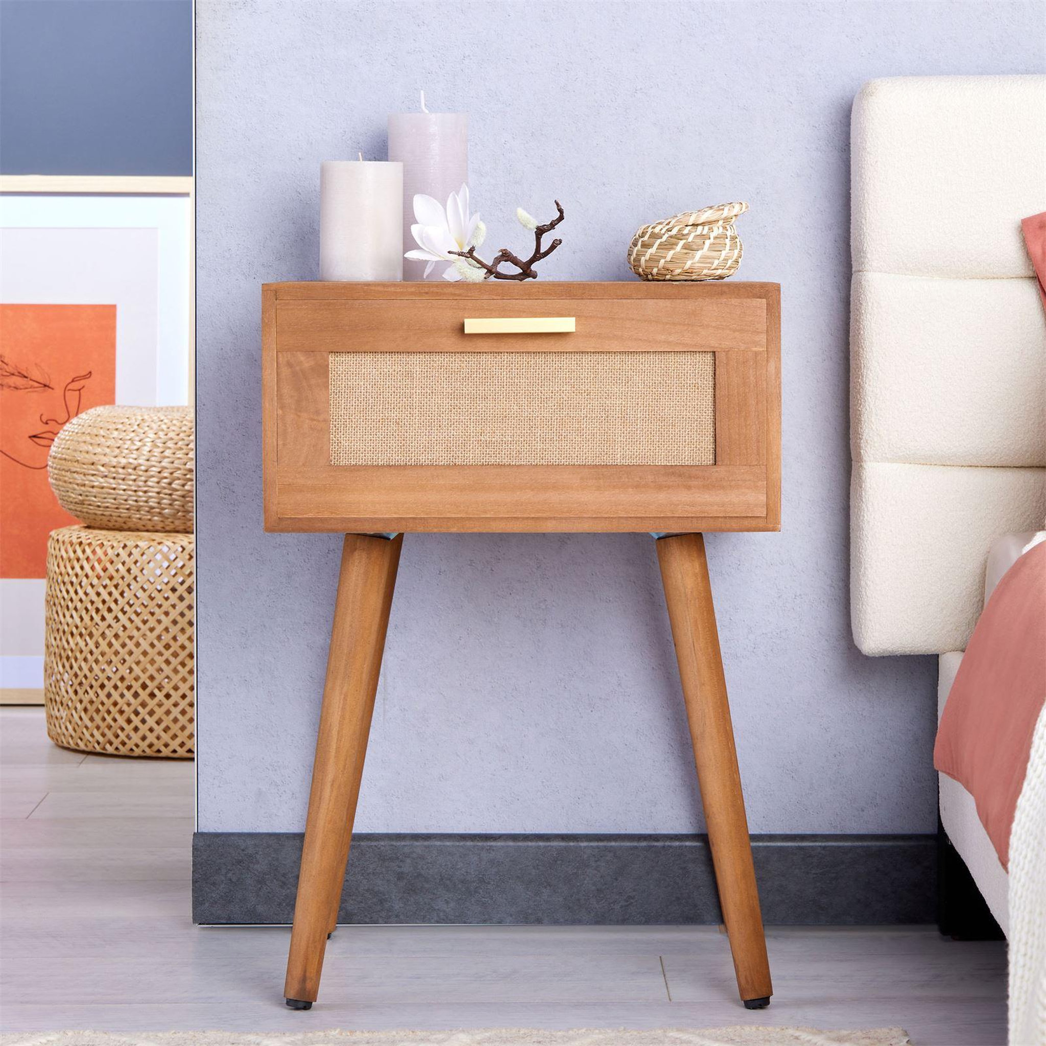 Voir la diapositive 3 : IDIMEX Table de chevet kiran 1 tiroir, en bois et lin