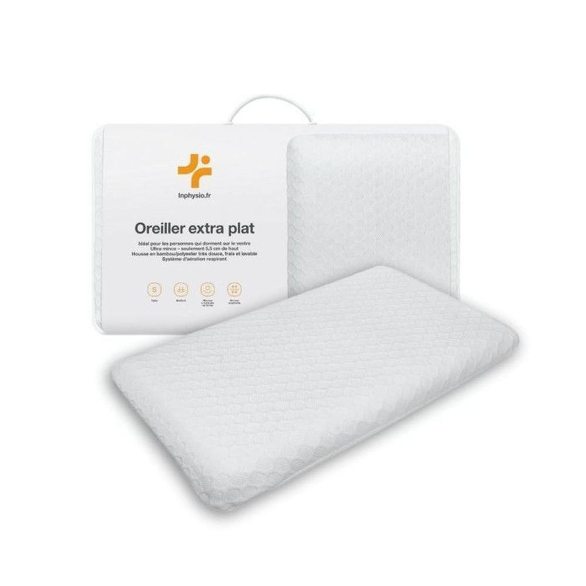 Oreiller extra plat en mousse à mémoire de forme pour dormeurs sur le ventre 58x38x7 cm, housse en bambou respirante