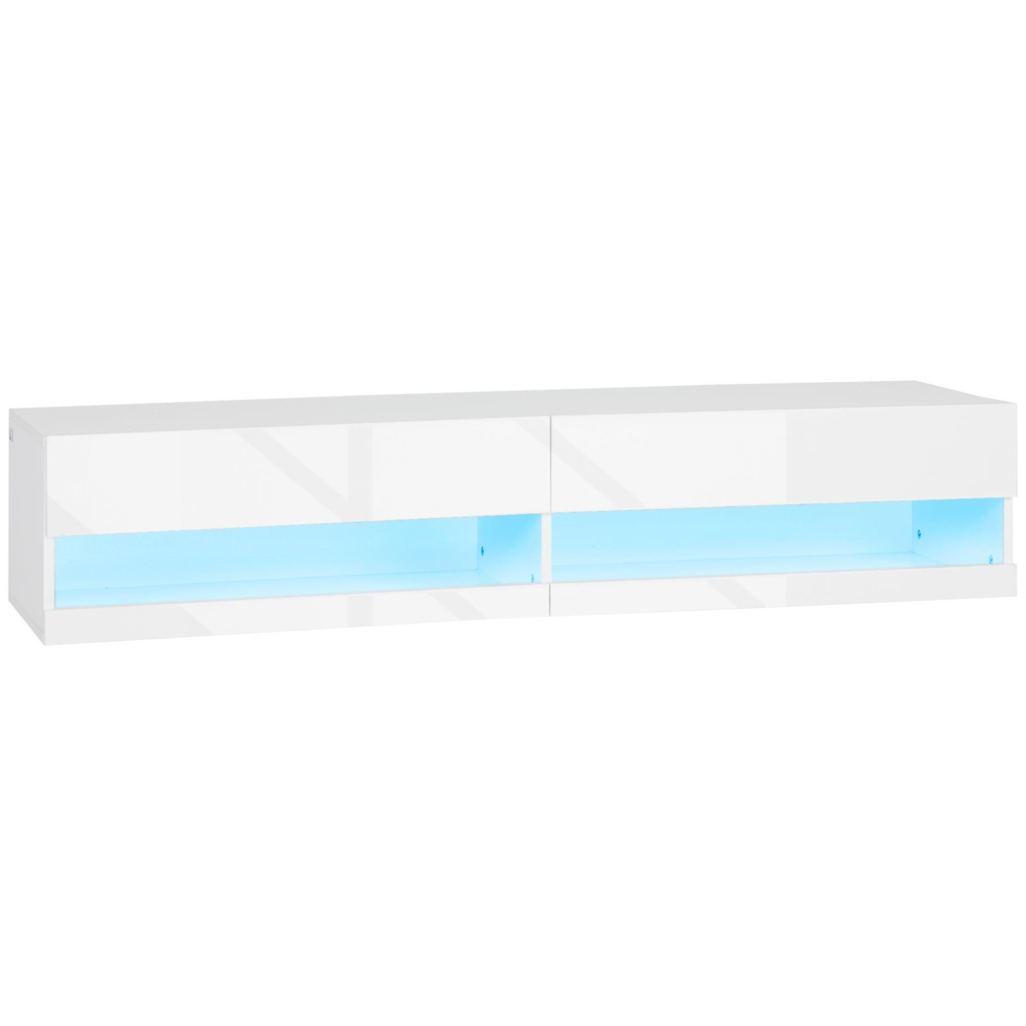 Voir la diapositive 1 : HOMCOM Meuble TV mural LED - banc TV flottant - 2 portes battantes - dim. 150L x 40l x 30H cm - blanc laqué