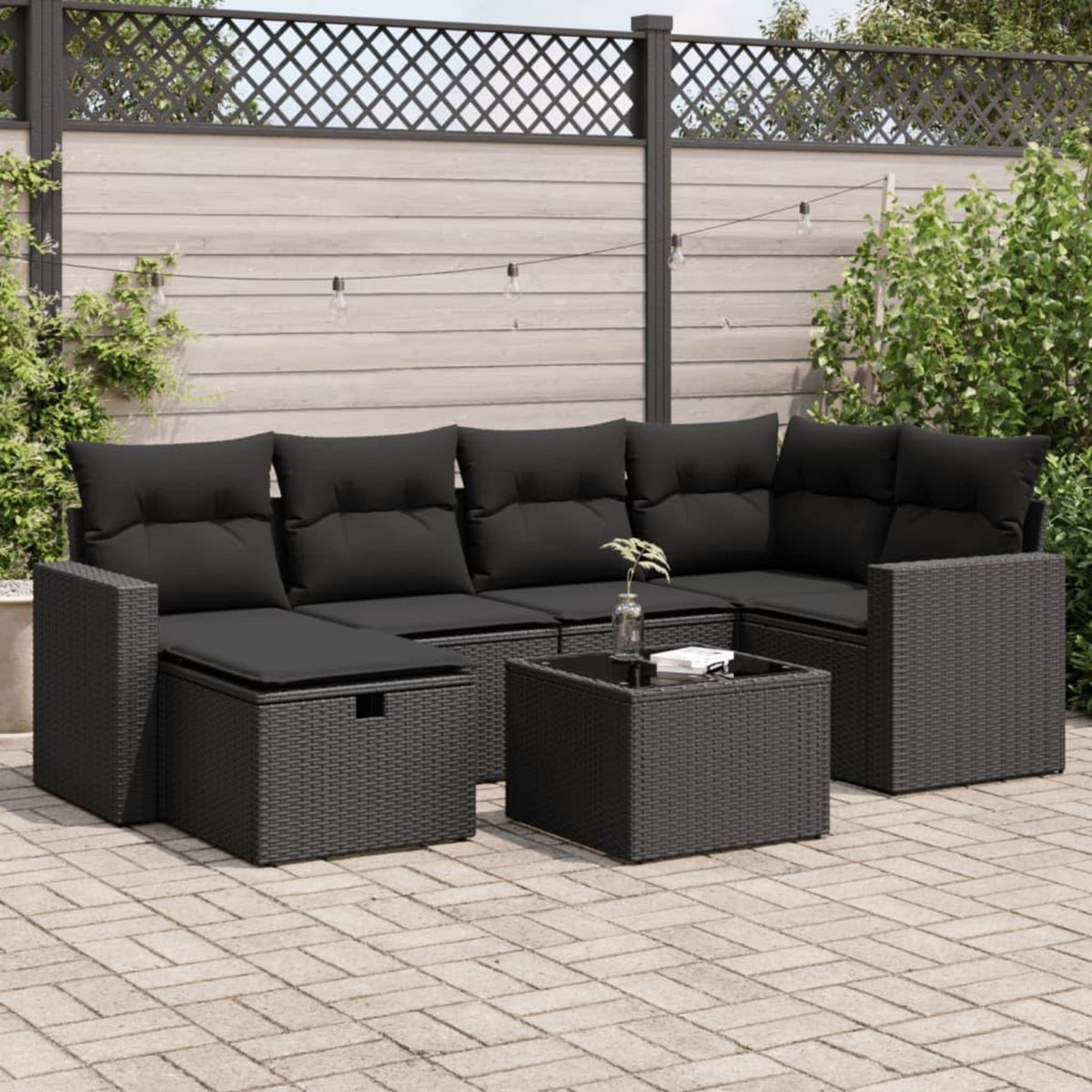 VIDAXL Salon de jardin 7 pcs avec coussins noir resine tressee
