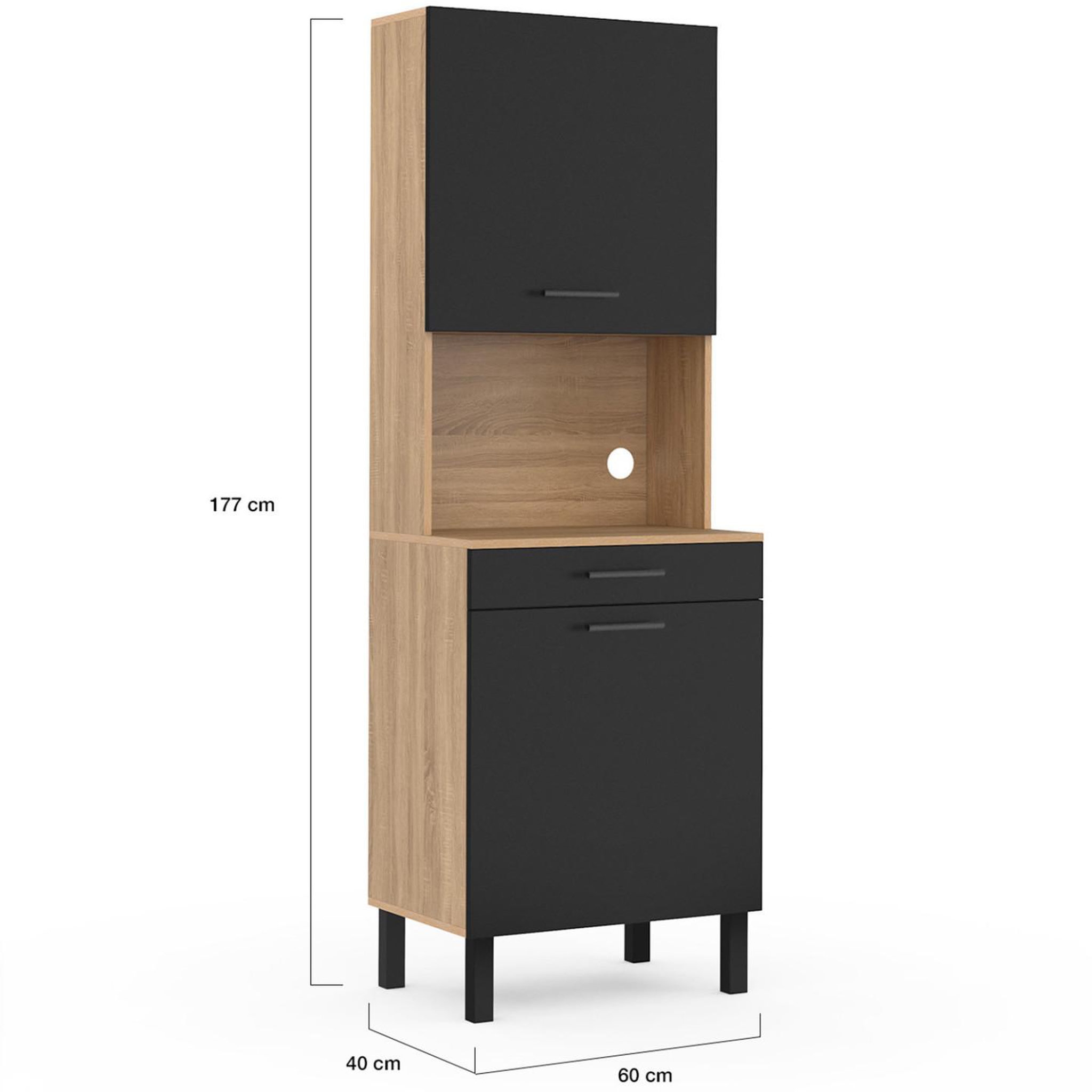 Voir la diapositive 5 : ID MARKET Buffet de cuisine 60 cm cina 2 portes + tiroir façon hêtre et noir