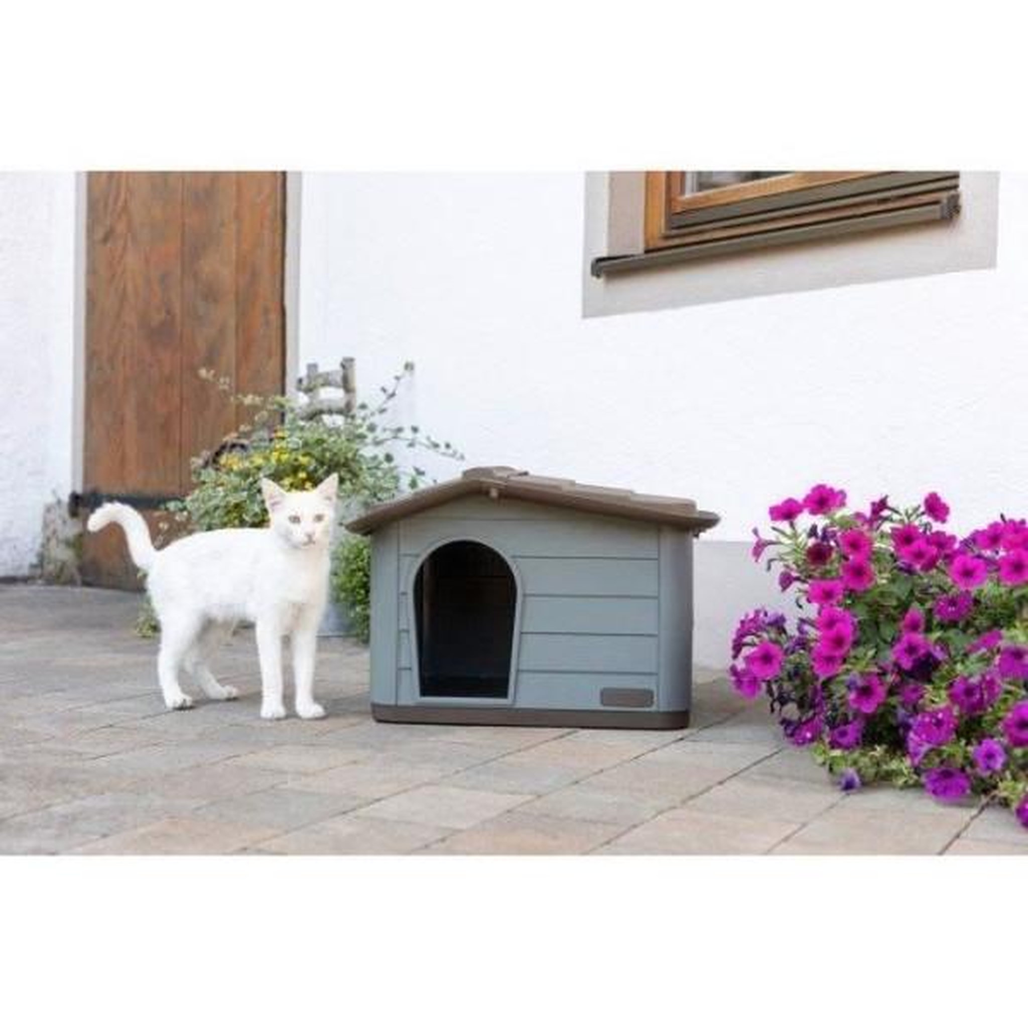 Voir la diapositive 6 : KERBL KERBL Niche extérieure en plastique pour chats ou chien Taille M - 75 x 59 x 55 cm- Gris et marron -