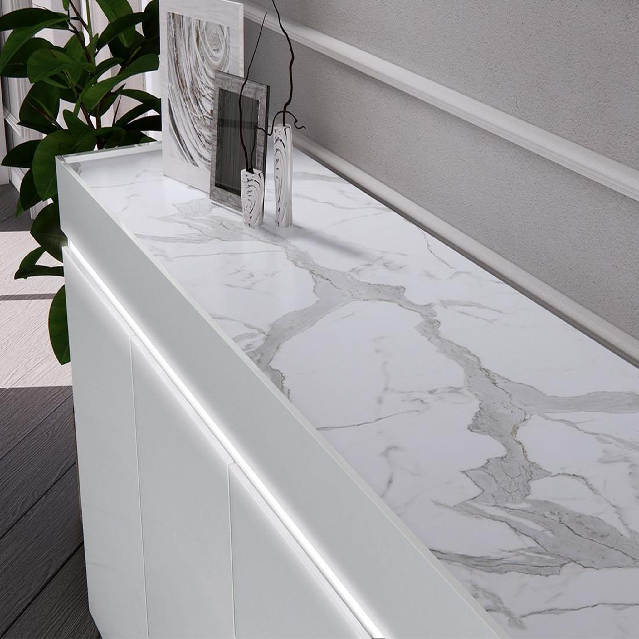 Voir la diapositive 2 : LISA DESIGN Amaury - buffet bas - blanc - plateau effet marbre - 208 cm