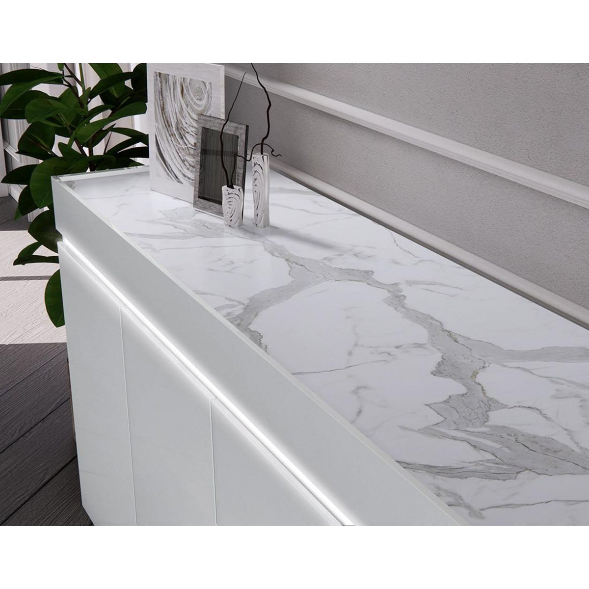 LISA DESIGN Amaury - buffet bas - blanc - plateau effet marbre - 208 cm