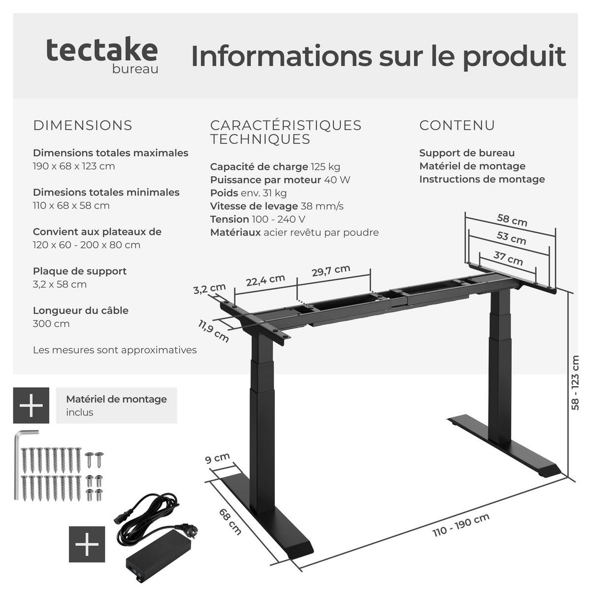 tectake Bureau assis debout réglable en hauteur électriquement avec 2 moteurs