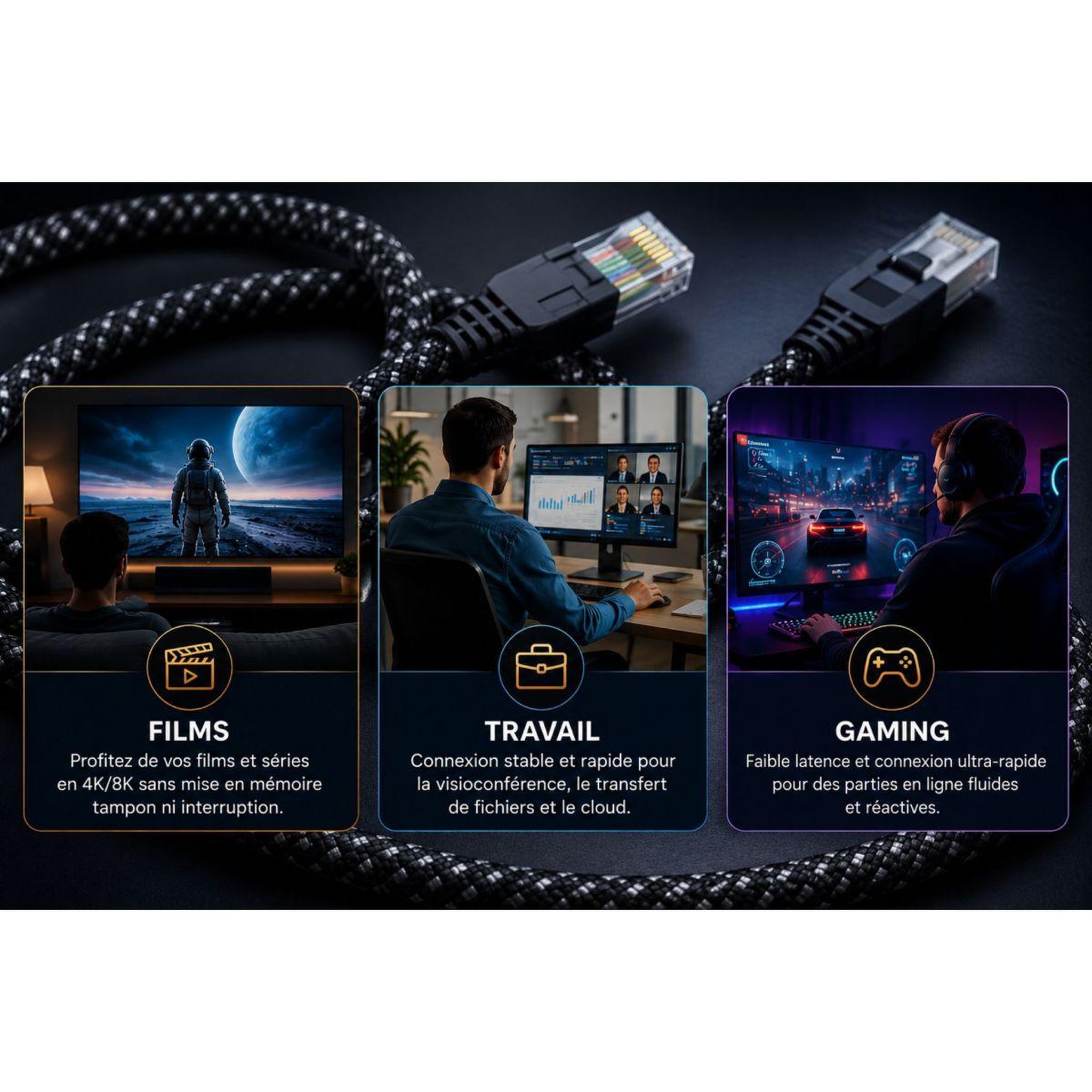 Voir la diapositive 3 : ADEQWAT Câble ethernet rj45 1m droit cat8 noir