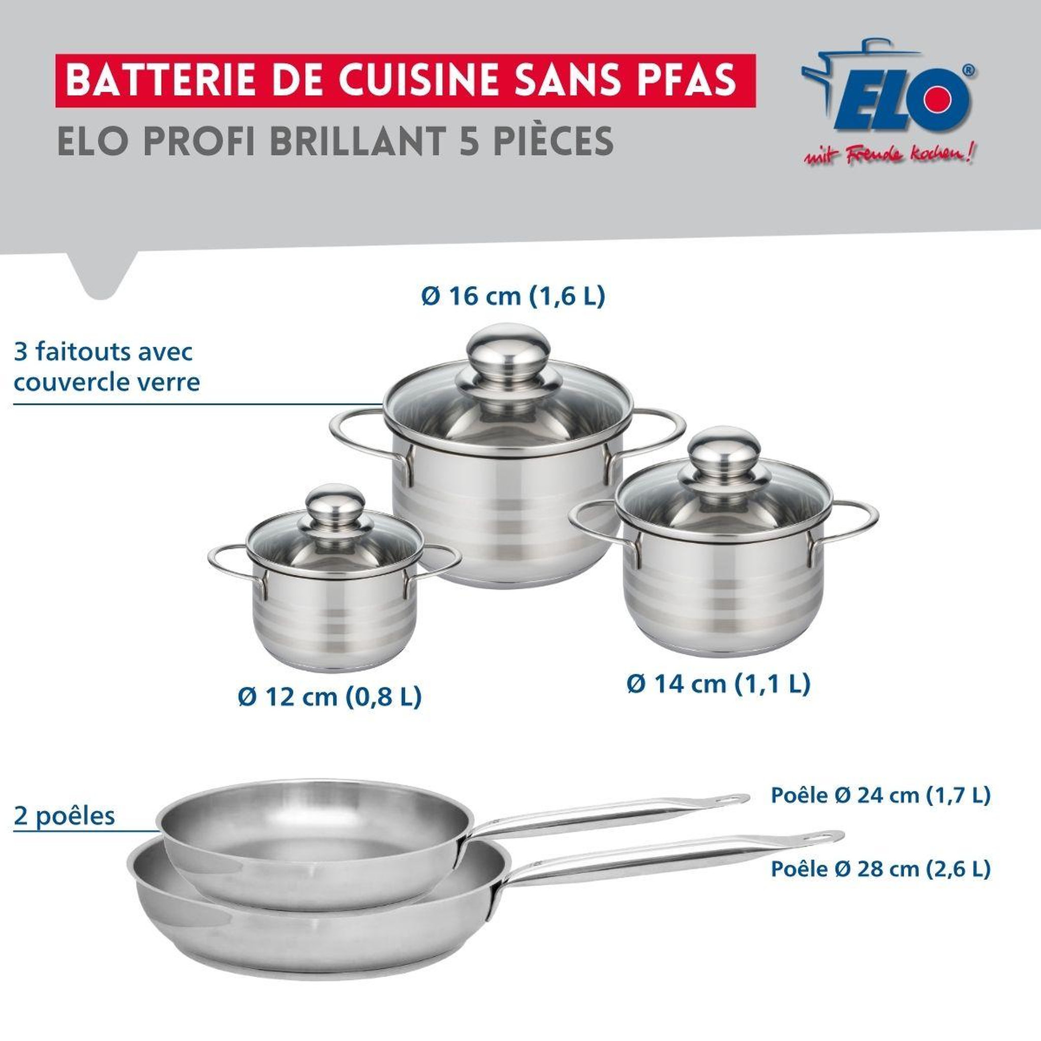 Voir la diapositive 2 : ELO Ensemble de 2 poêles de cuisson 24 et 28 cm et 3 faitouts 12, 14 et 16 cm elo profi brillant