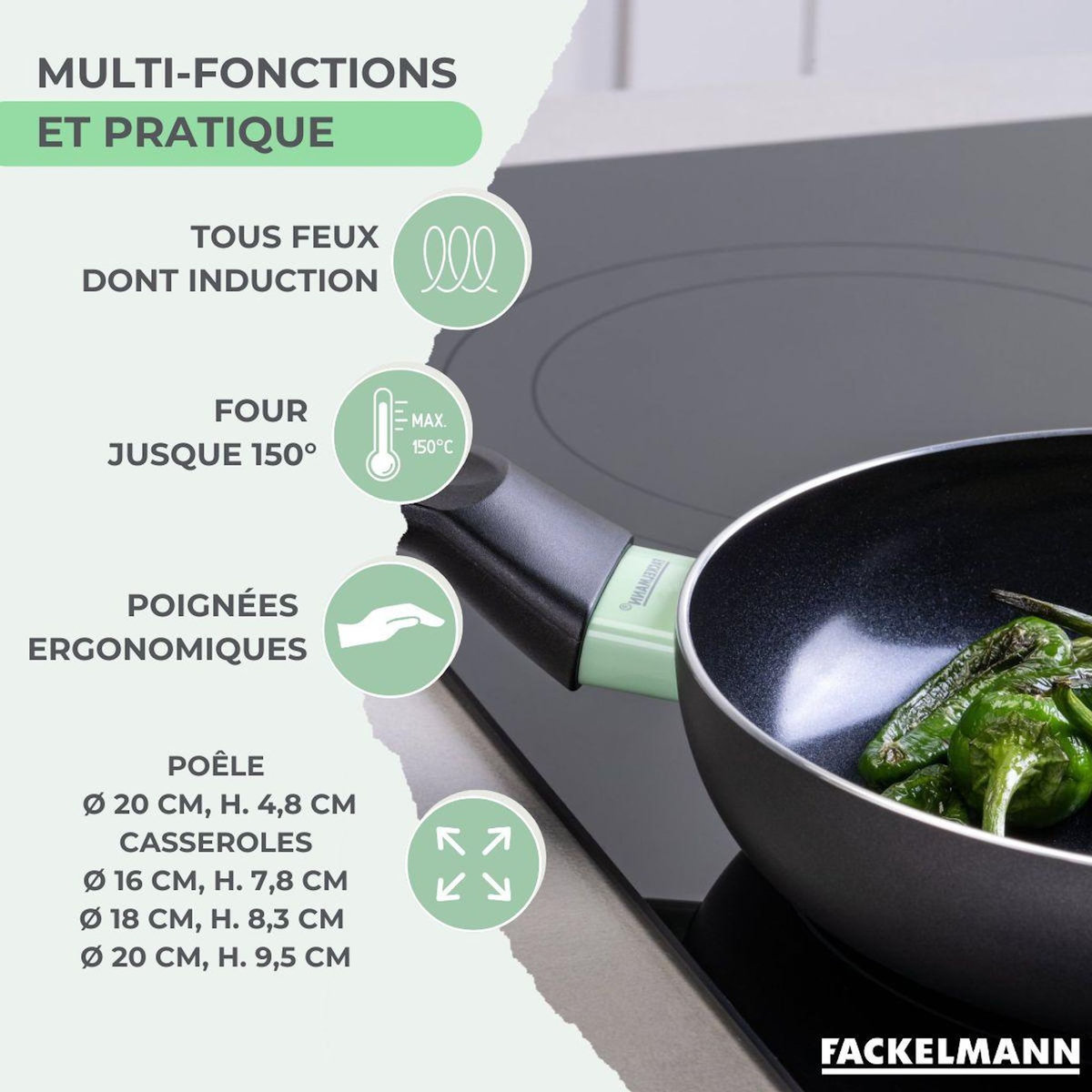 Fackelmann Lot Poêle 20cm & 3 Casseroles 16/18/20cm sans PFAS Fackelmann Brandao avec 5 ustensiles