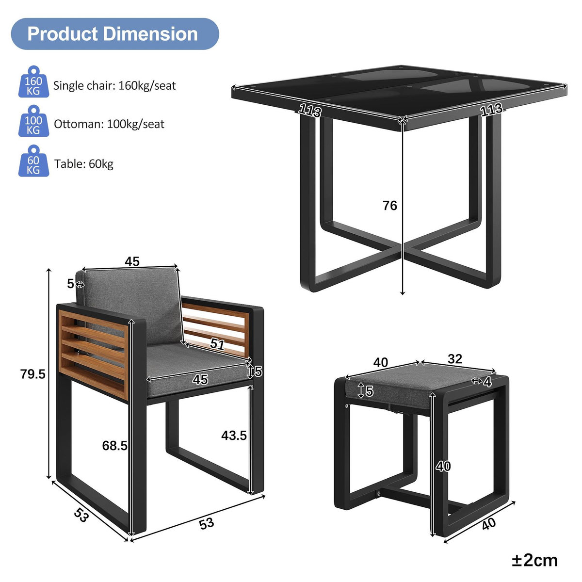 MERAX Salon de jardin repas 6 places en métal et bois avec table en verre et 6 sièges, gris