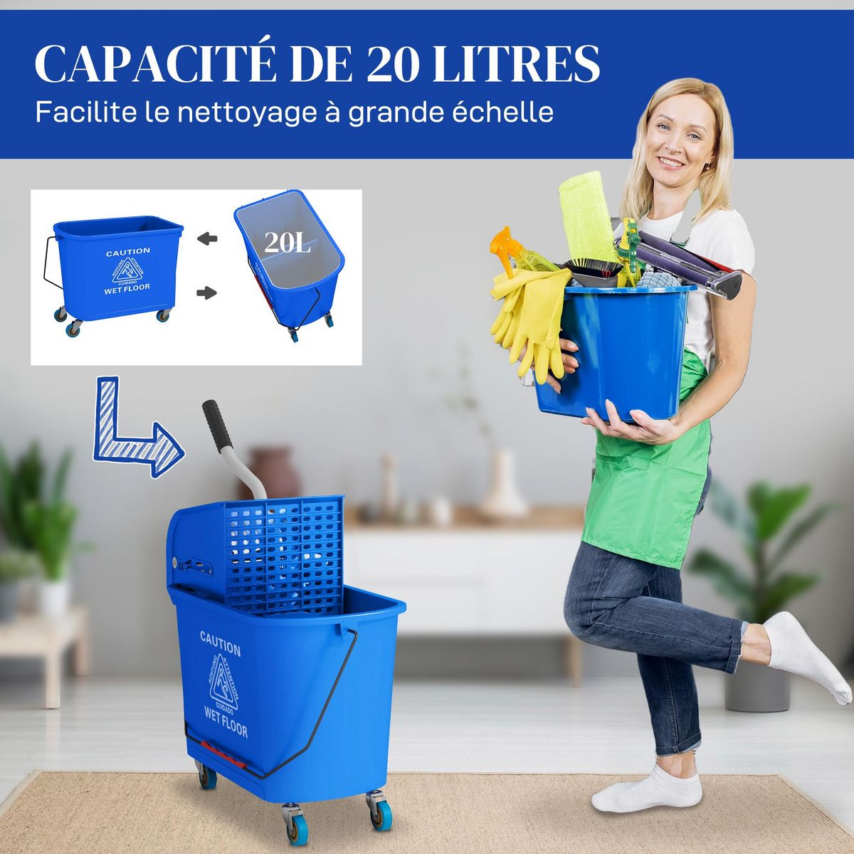 HOMCOM Chariot de nettoyage lavage seau de ménage 20 L avec essoreur et séparateur eau sale propre bleu