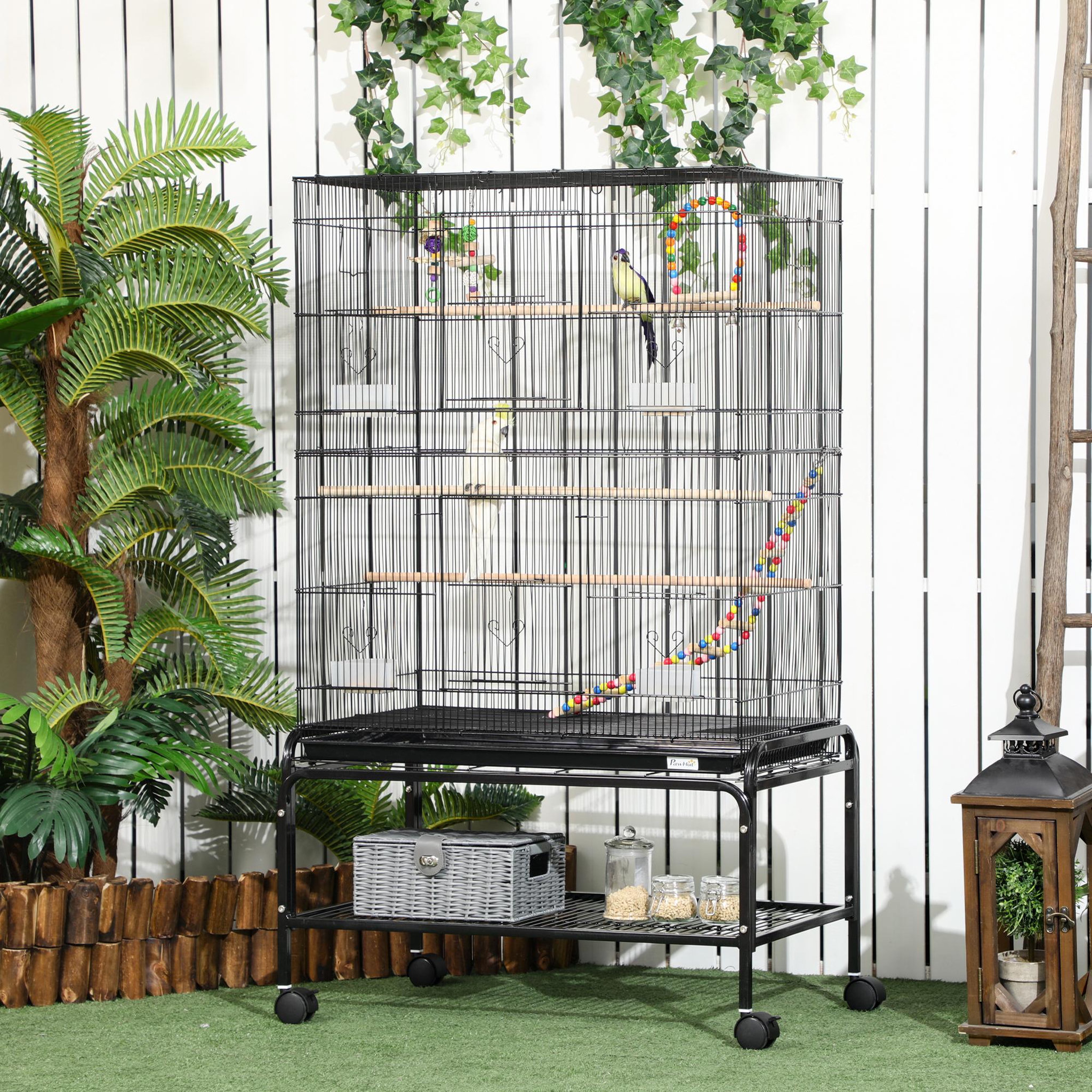 Voir la diapositive 2 : PAWHUT Cage à oiseaux sur roulettes - étagère, plateau déjection, 3 perchoirs, 4 mangeoirs, 2 portes, 8 trappes, accessoires - acier noir