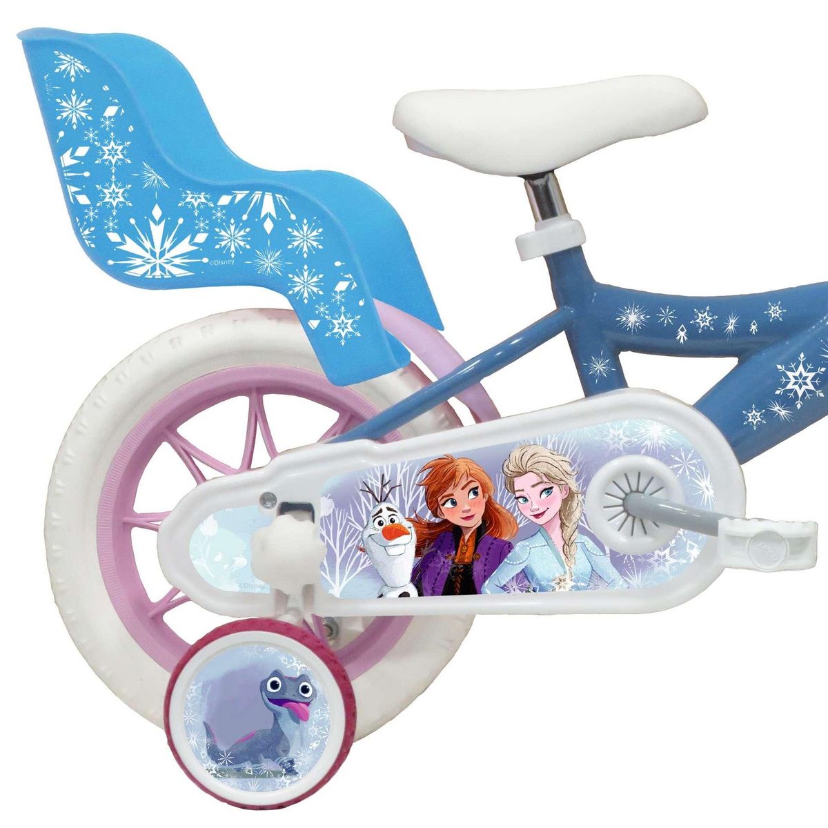 Disney La Reine des Neiges Vélo enfnat - Modèle 12'' Reine des neiges pour enfant de 85/100 cm avec stabilisateurs - 1 Frein - Panier avant - Porte poupée arrière et roues batons
