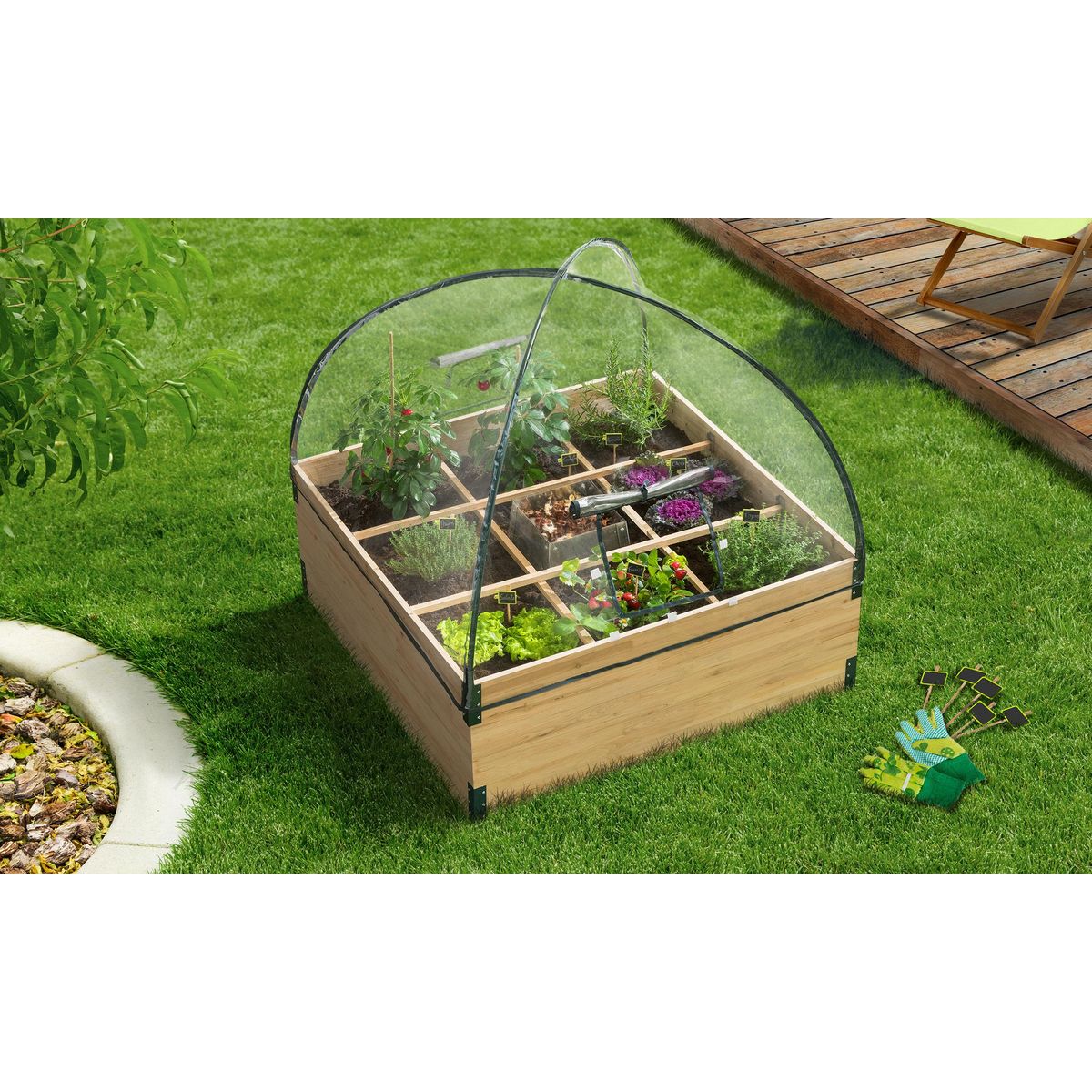 Jardikt Carré potager avec serre et composteur intégré - 9 compartiments - AROMA