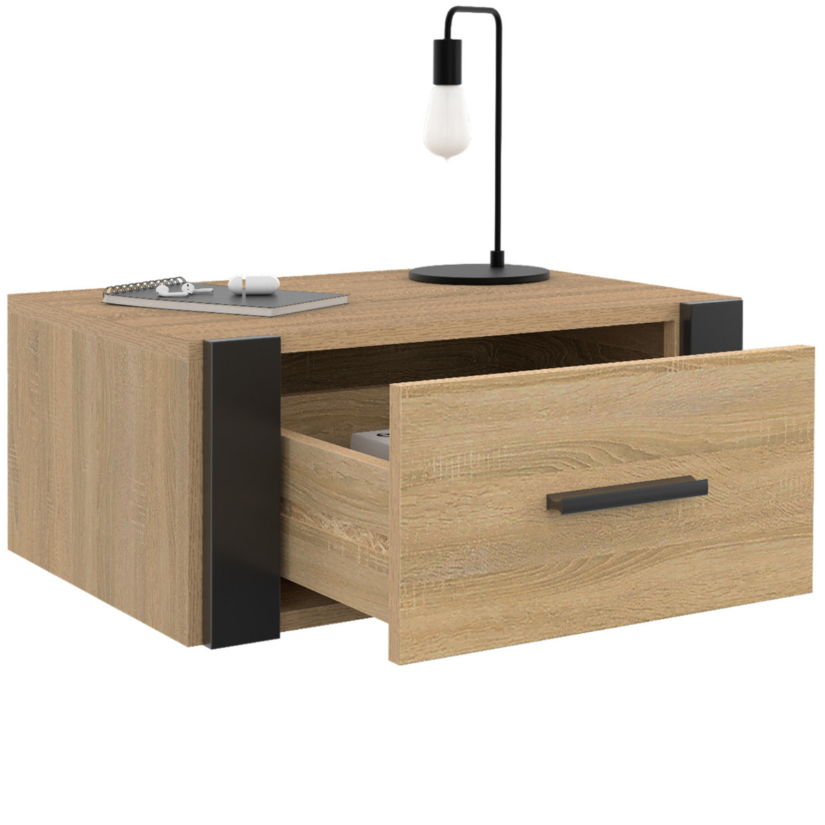 ID MARKET Lot de 2 tables de chevet murales ONYX 1 tiroir étagère suspendue bois et noir