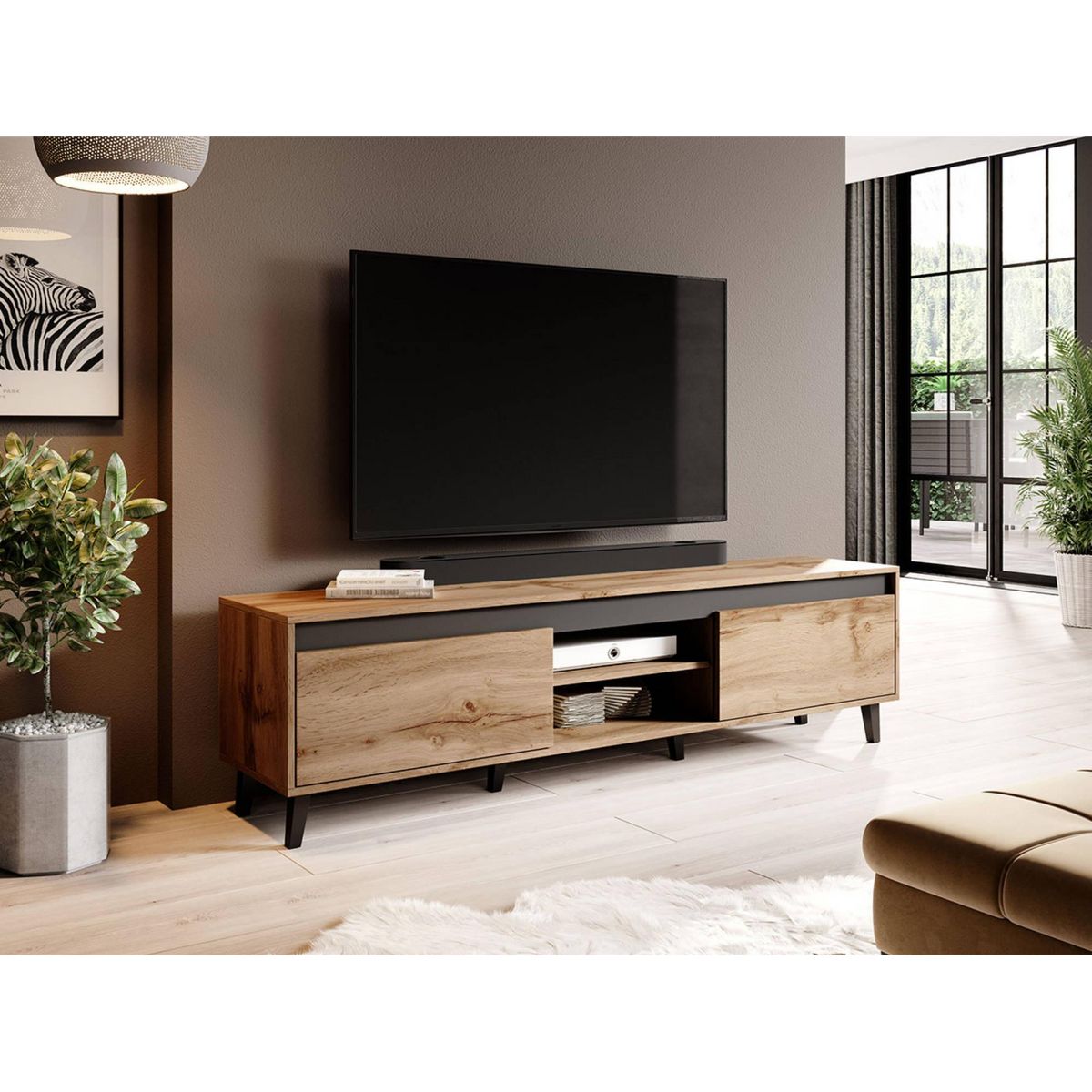 BEST MOBILIER Lord - meuble tv - effet bois et noir - 170 cm - style industriel