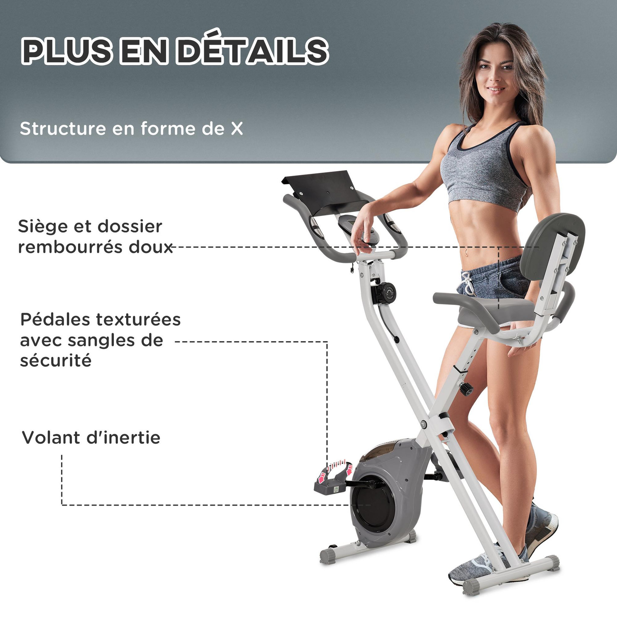 Voir la diapositive 5 : HOMCOM Vélo d'appartement pliable grand confort dossier selle réglable poignées ergonomiques écran LCD multifonction support tablette acier blanc gris