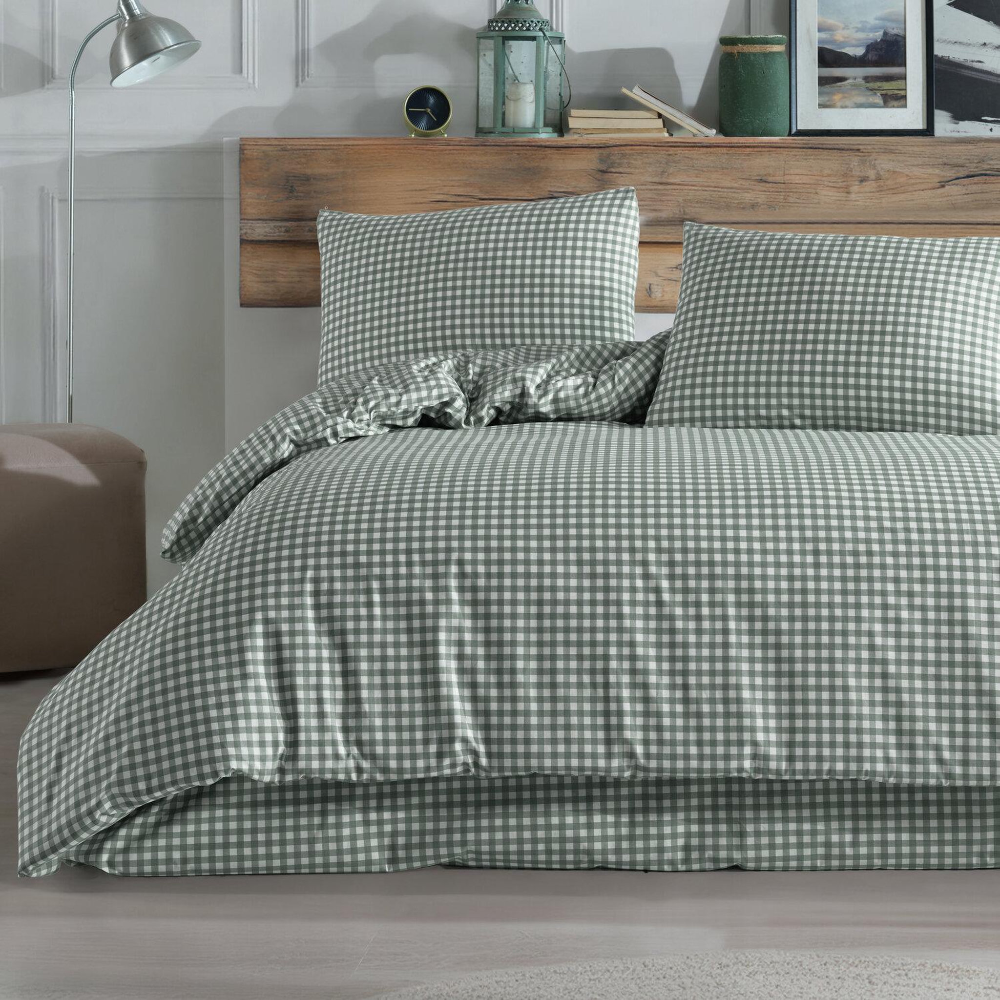 Voir la diapositive 2 : Home collection Parure housse de couette 3 pcs 240x220 cm 100% coton 57 fils imprimé. Vichy vert