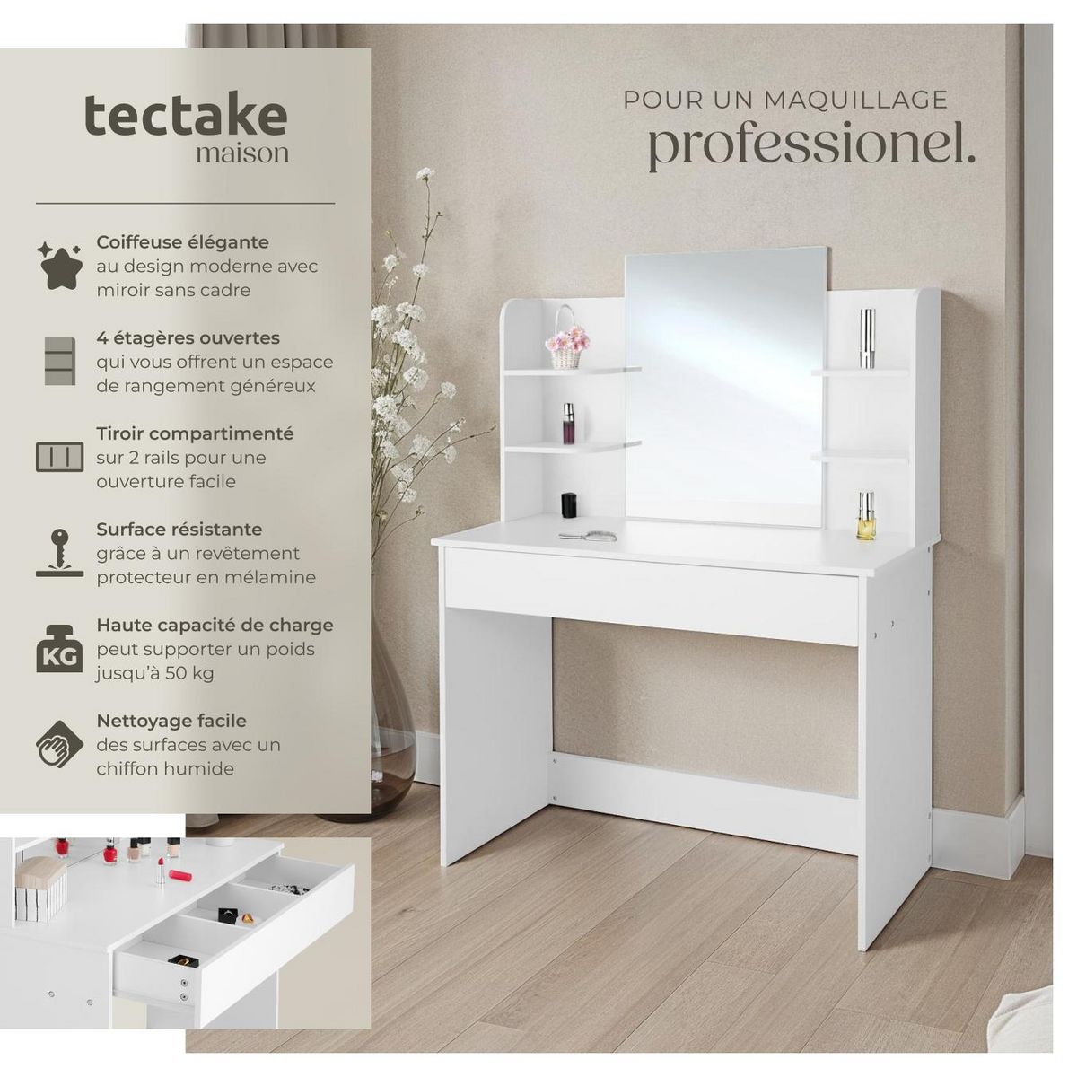 tectake Coiffeuse au look moderne blanc