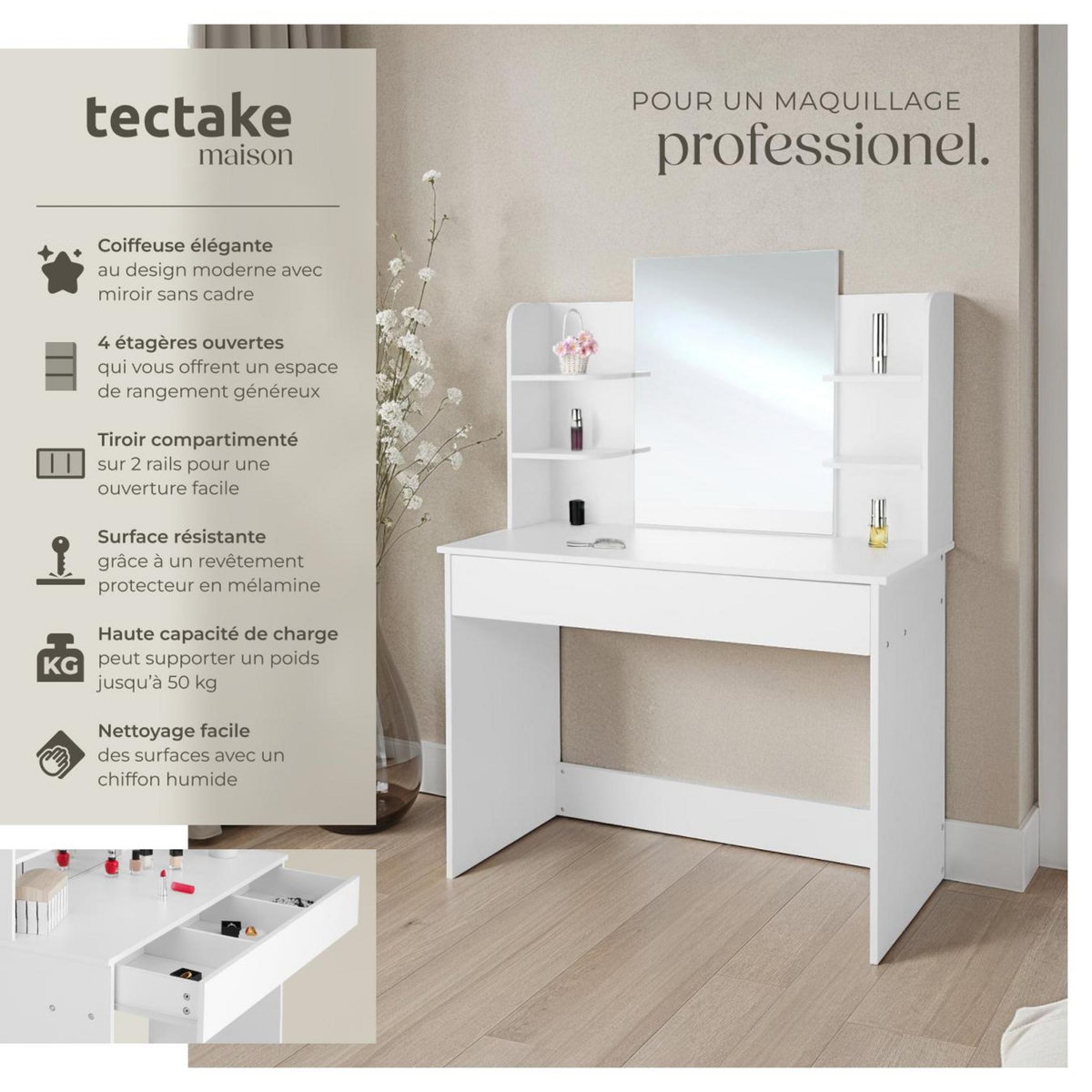 tectake Coiffeuse au look moderne blanc