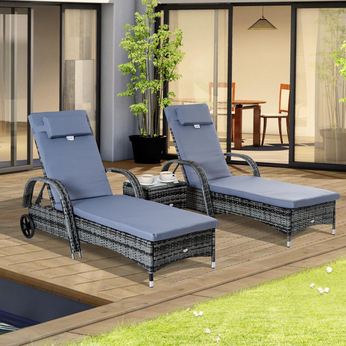 OUTSUNNY Lot de 2 bains de soleil inclinables tout confort avec table d'appoint résine tressée gris