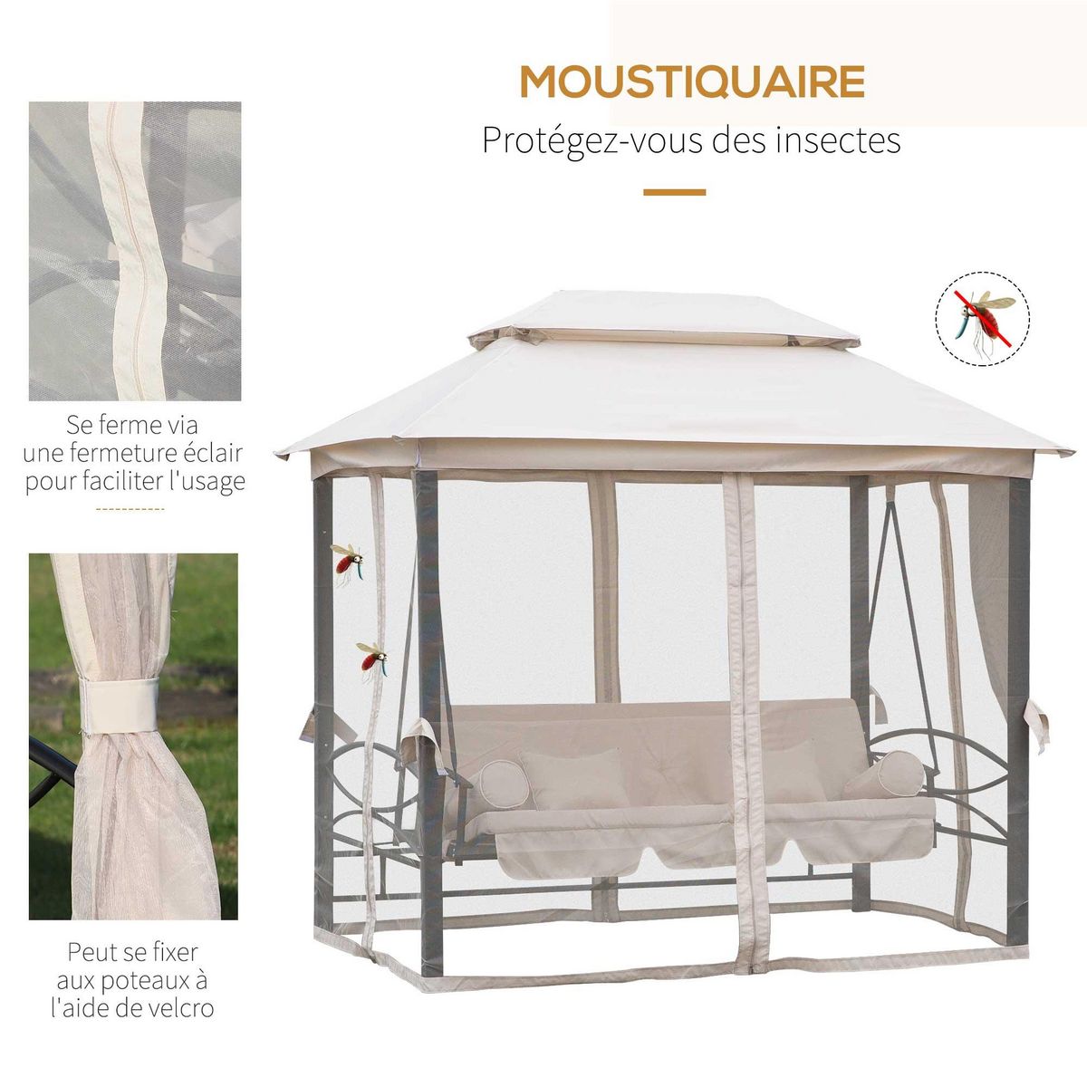 OUTSUNNY Balancelle de jardin 3 places convertible style colonial grand confort 2 coussins + matelas + moustiquaires inclus noir beige